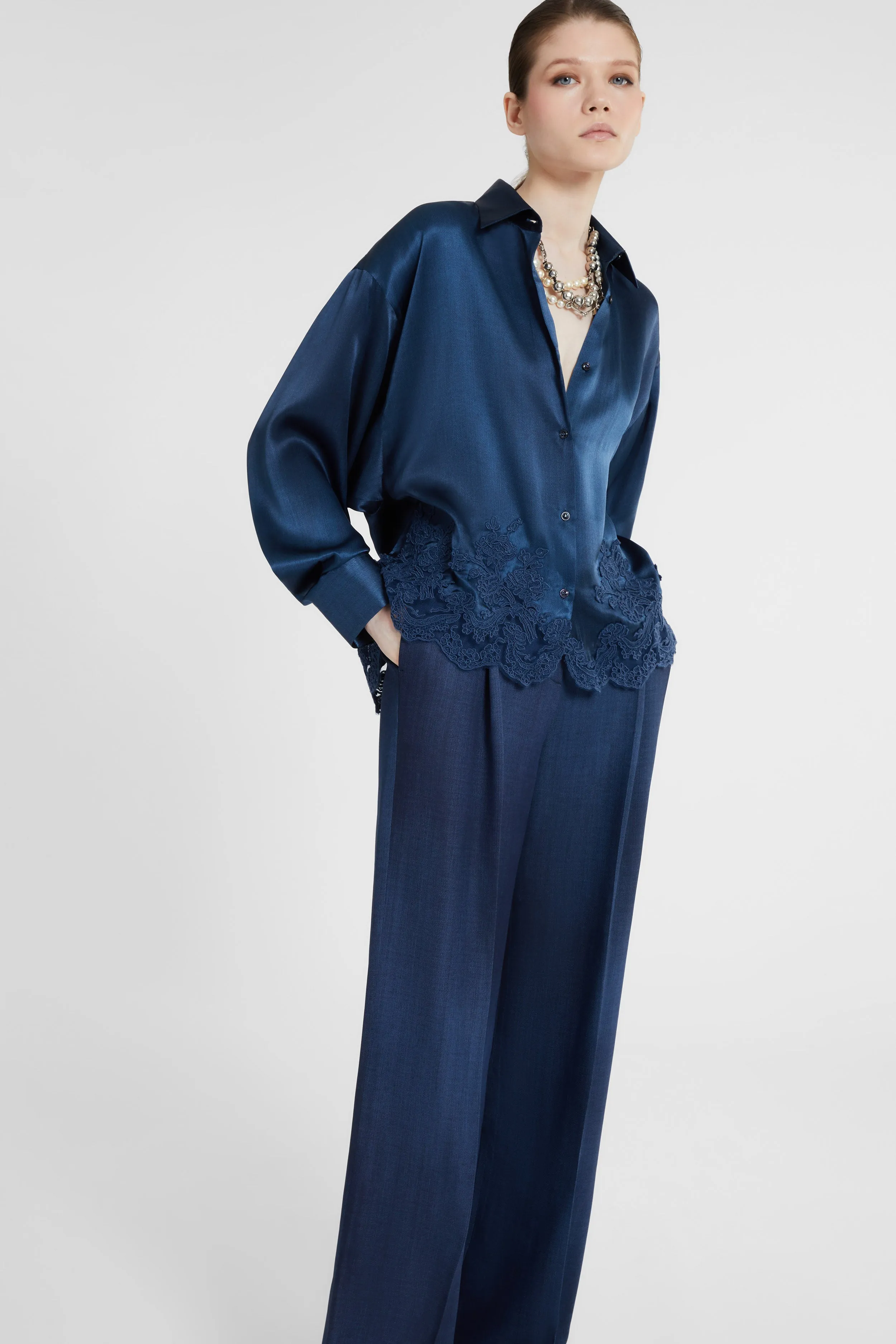 Pure silk shirt with jeans print and lace motif sold by Ermanno Scervino product image thumbnail 3