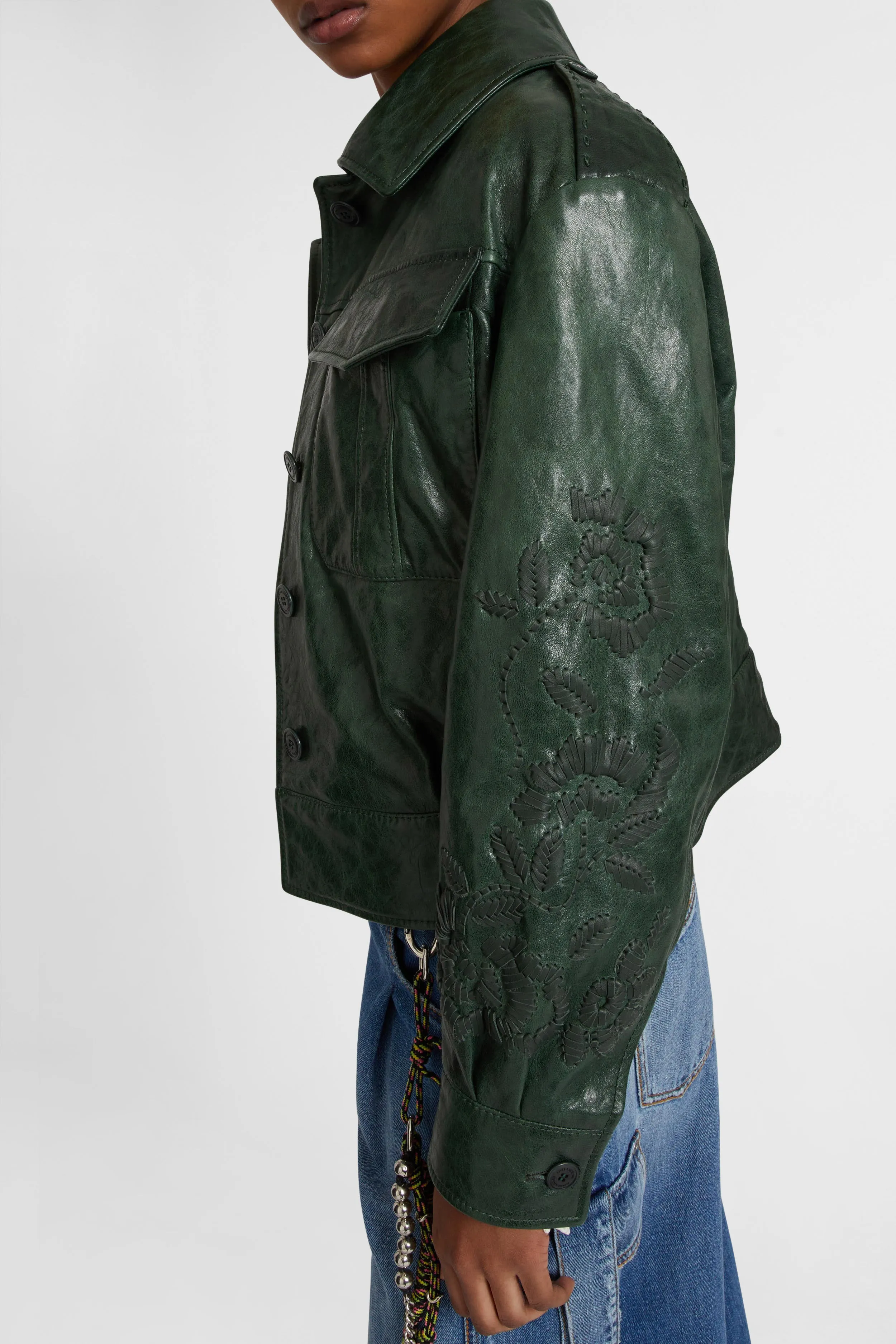 Single-breasted leather jacket with front pockets and handmade floral embroidery sold by Ermanno Scervino product image thumbnail 5