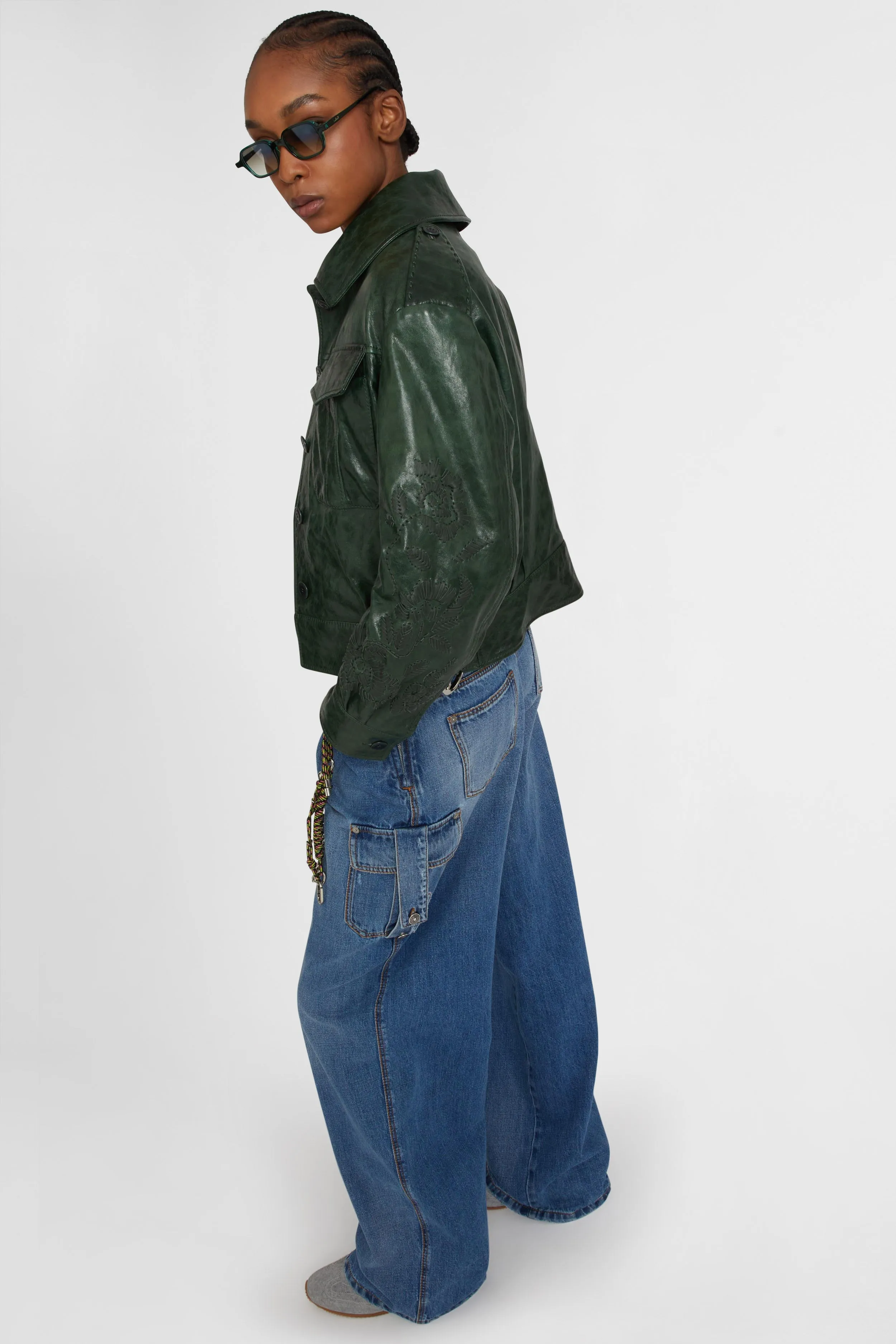 Single-breasted leather jacket with front pockets and handmade floral embroidery sold by Ermanno Scervino product image thumbnail 3