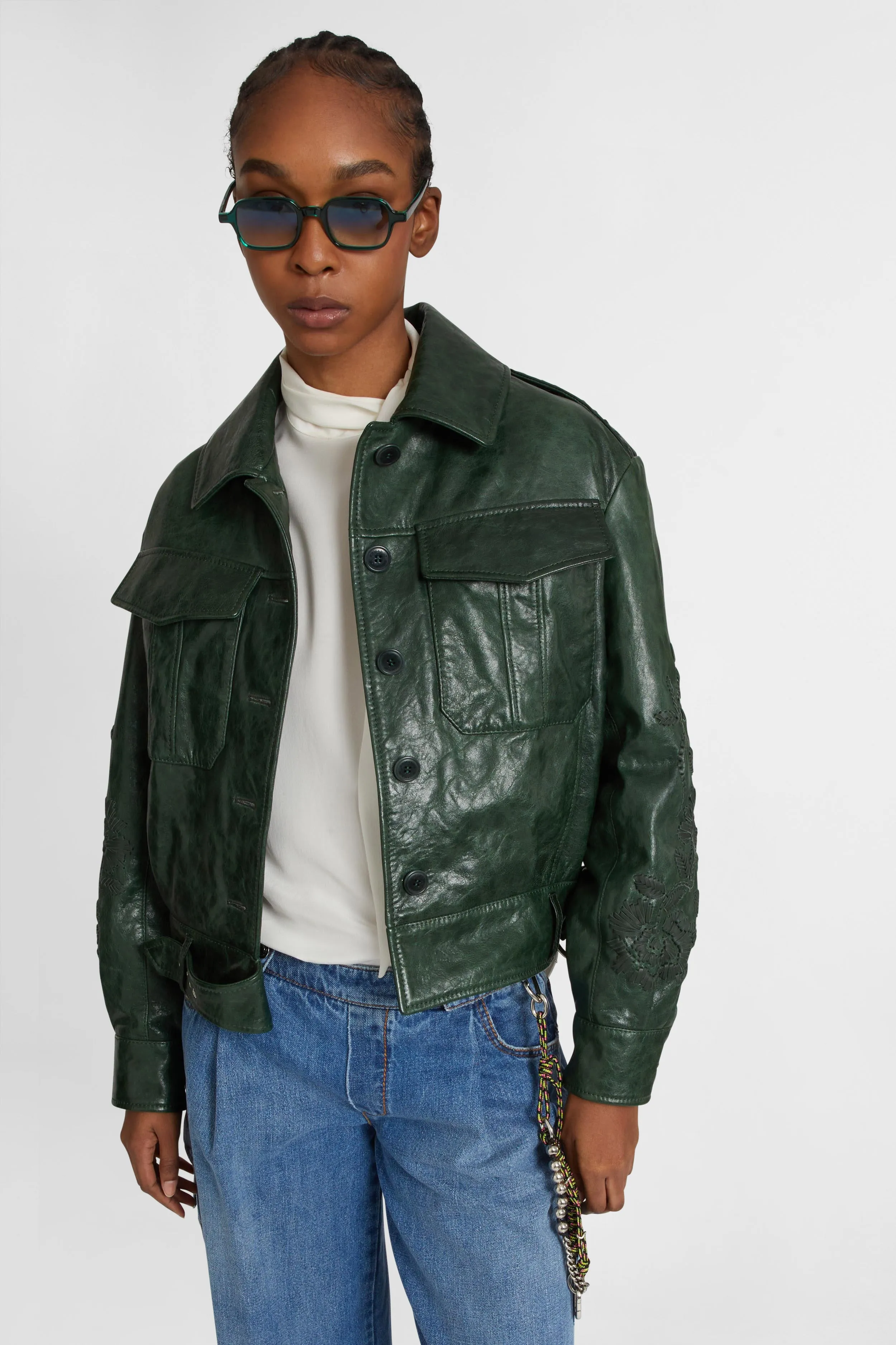 Single-breasted leather jacket with front pockets and handmade floral embroidery sold by Ermanno Scervino product image thumbnail 2