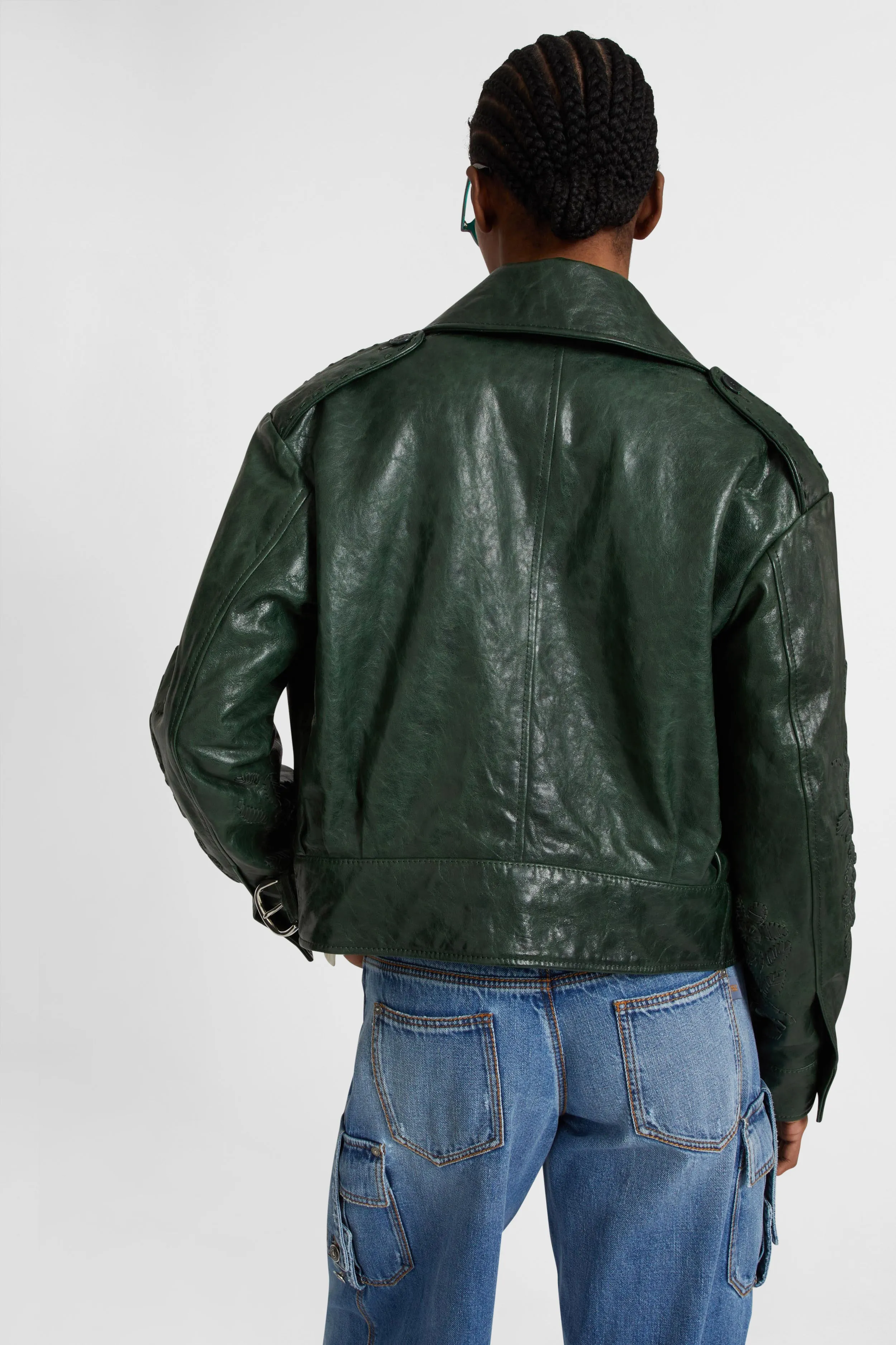 Single-breasted leather jacket with front pockets and handmade floral embroidery sold by Ermanno Scervino product image thumbnail 4