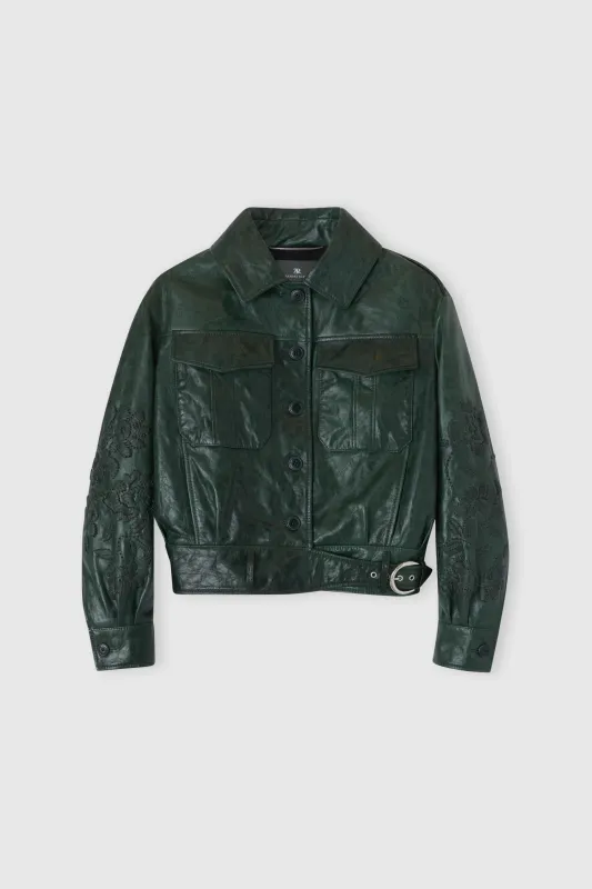 Single-breasted leather jacket with front pockets and handmade floral embroidery sold by Ermanno Scervino