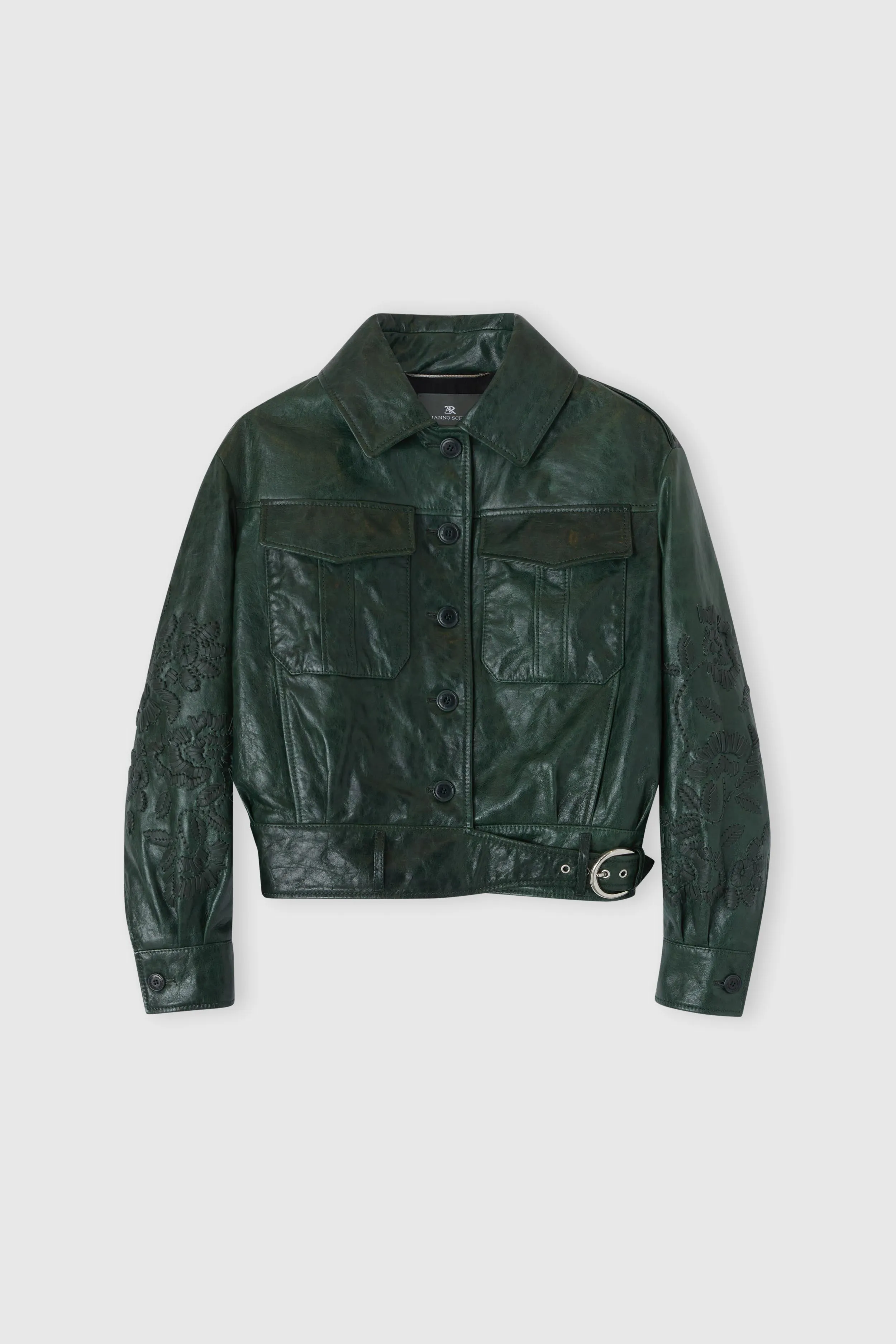 Single-breasted leather jacket with front pockets and handmade floral embroidery sold by Ermanno Scervino