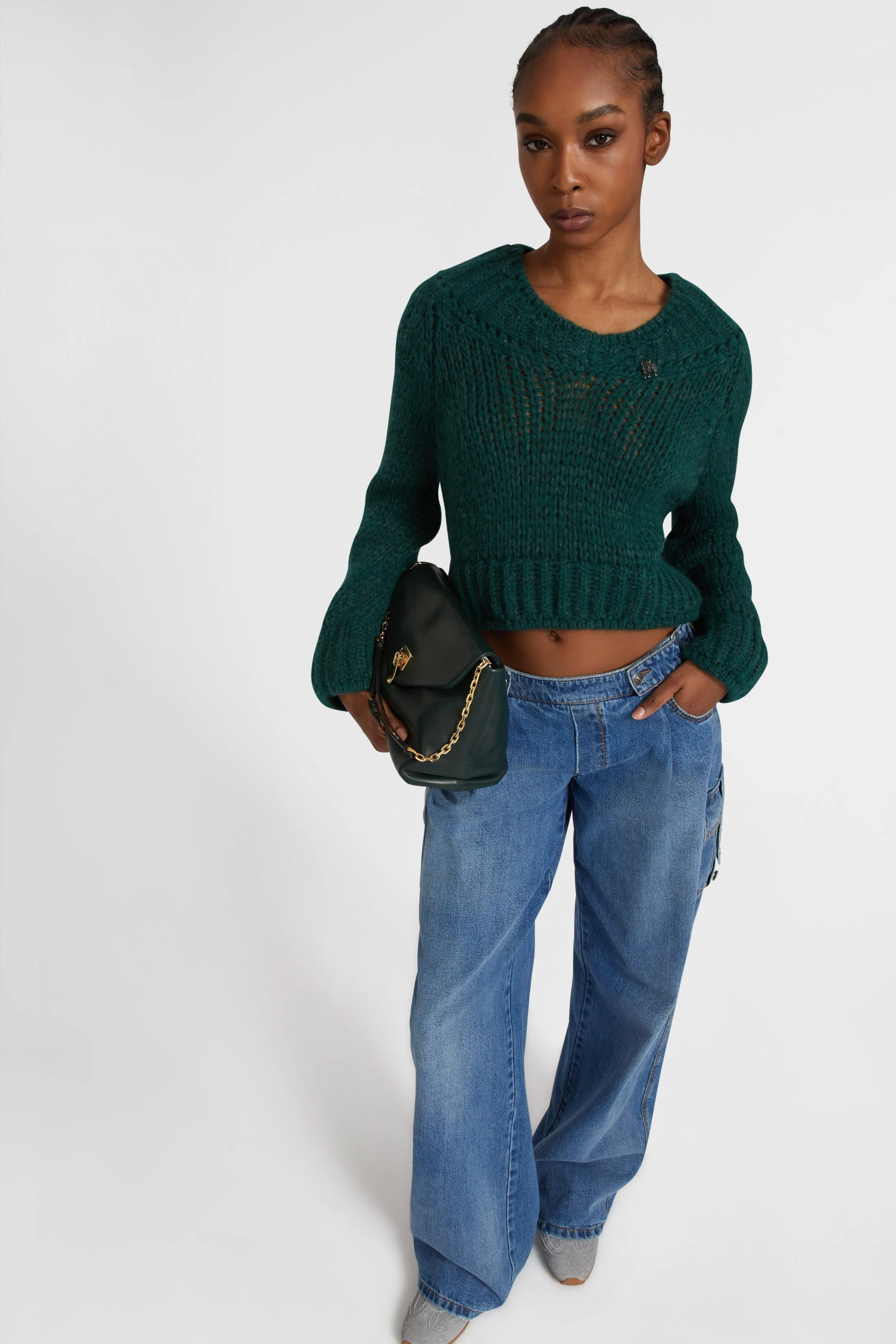 Cropped sweater in an alpaca, mohair and merino blend with a V-neck and baguette crystals sold by Ermanno Scervino product image thumbnail 2