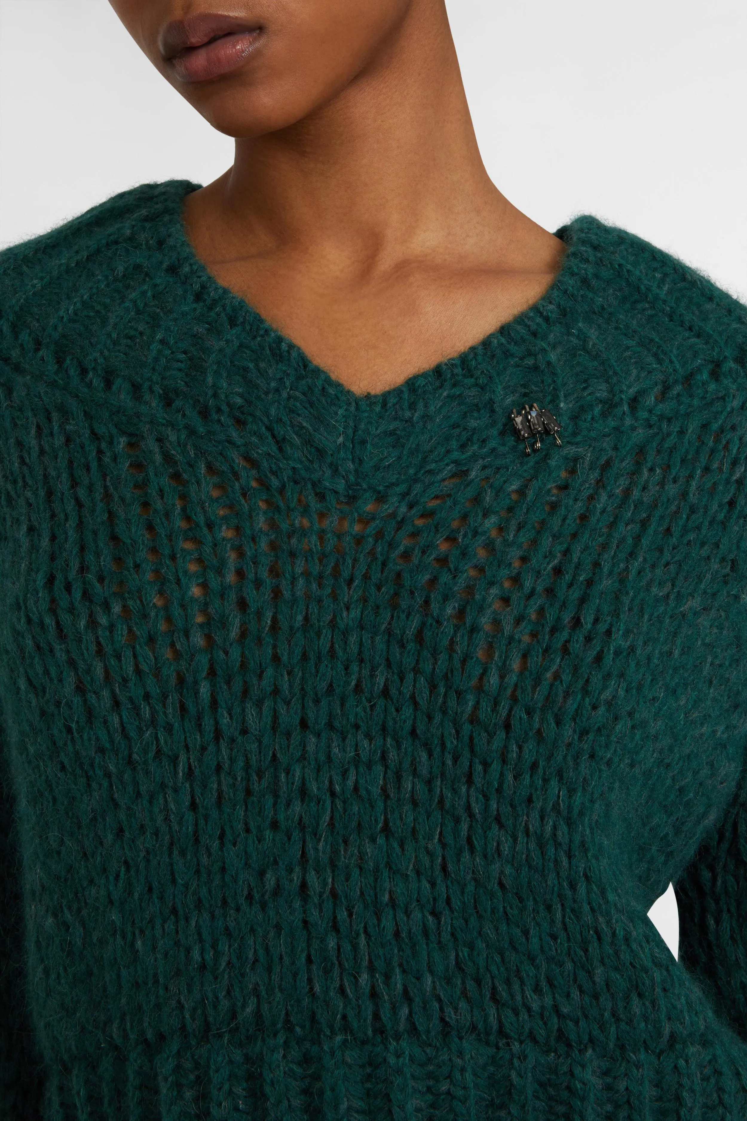 Cropped sweater in an alpaca, mohair and merino blend with a V-neck and baguette crystals sold by Ermanno Scervino product image thumbnail 4