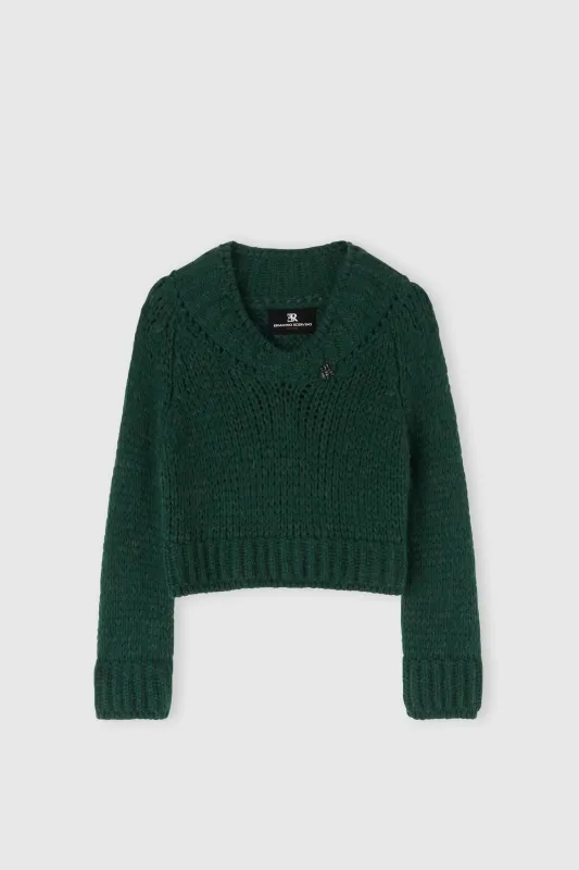 Cropped sweater in an alpaca, mohair and merino blend with a V-neck and baguette crystals sold by Ermanno Scervino