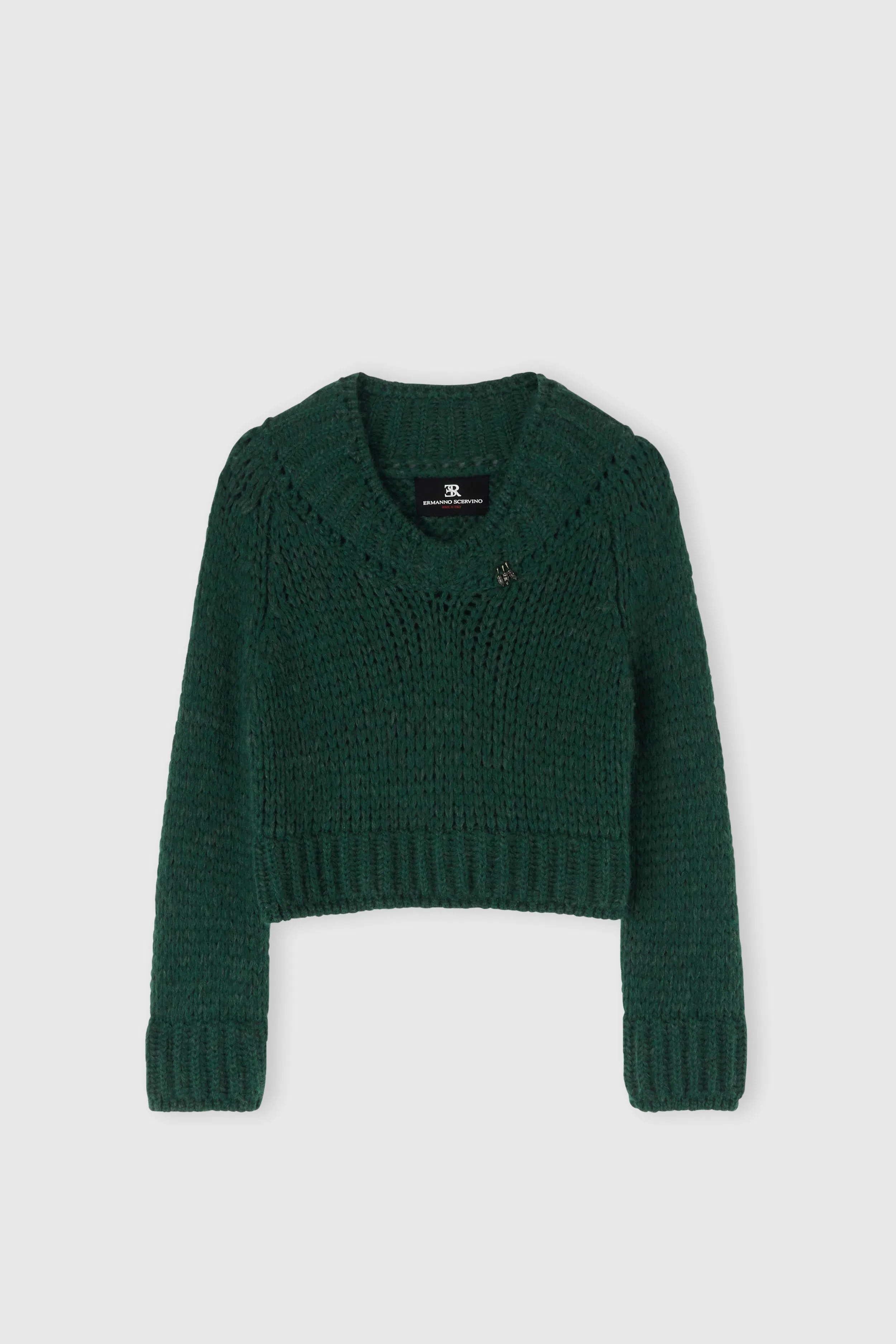 Cropped sweater in an alpaca, mohair and merino blend with a V-neck and baguette crystals sold by Ermanno Scervino