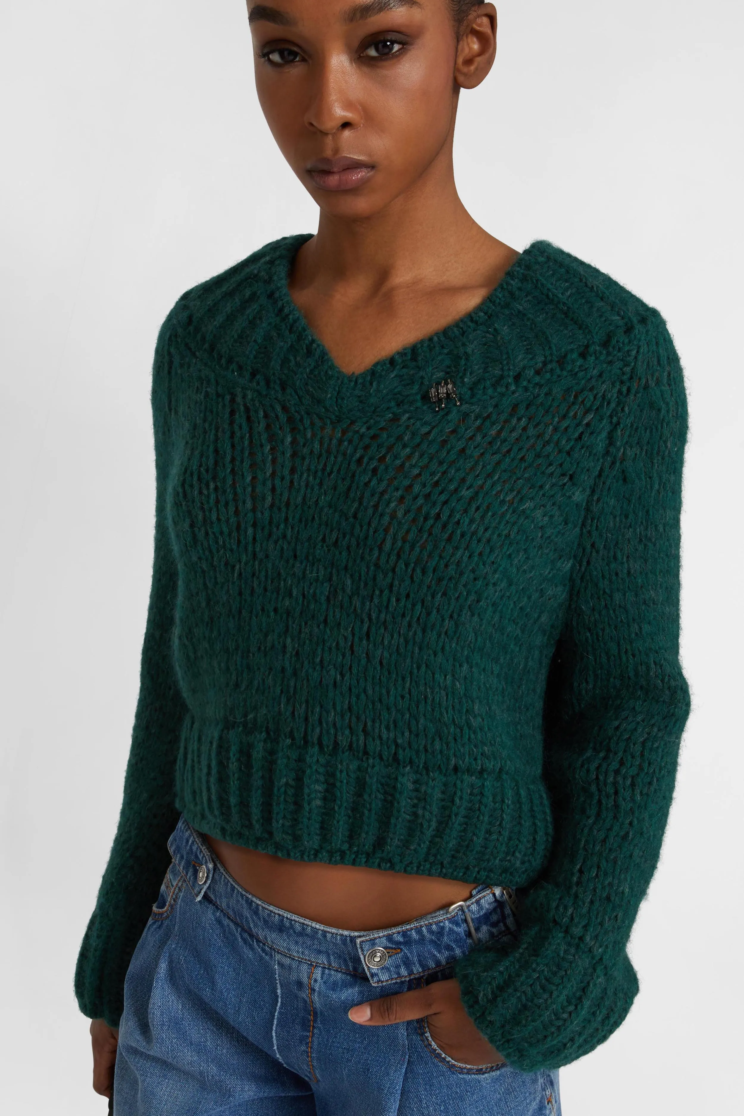 Cropped sweater in an alpaca, mohair and merino blend with a V-neck and baguette crystals sold by Ermanno Scervino product image thumbnail 3