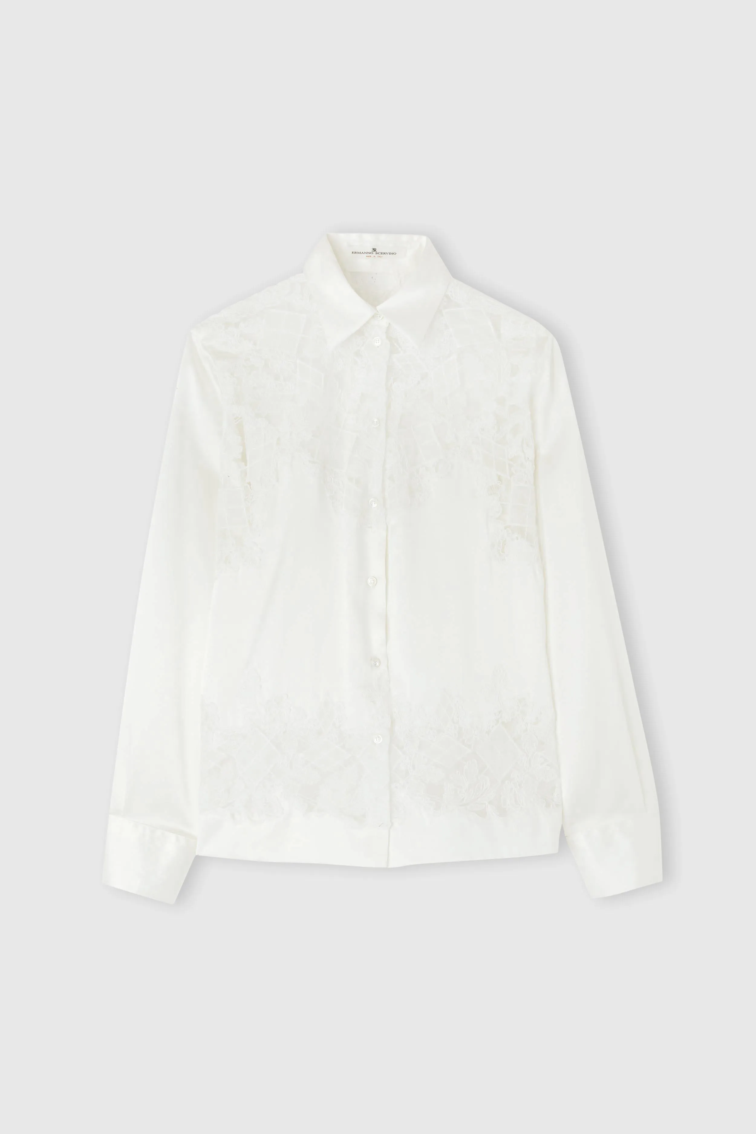 Stretch silk shirt with hand-embroidered lace insert sold by Ermanno Scervino