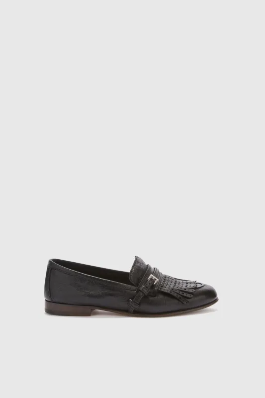 Vintage black nappa College moccasin with brogue fringes and strap sold by Ermanno Scervino