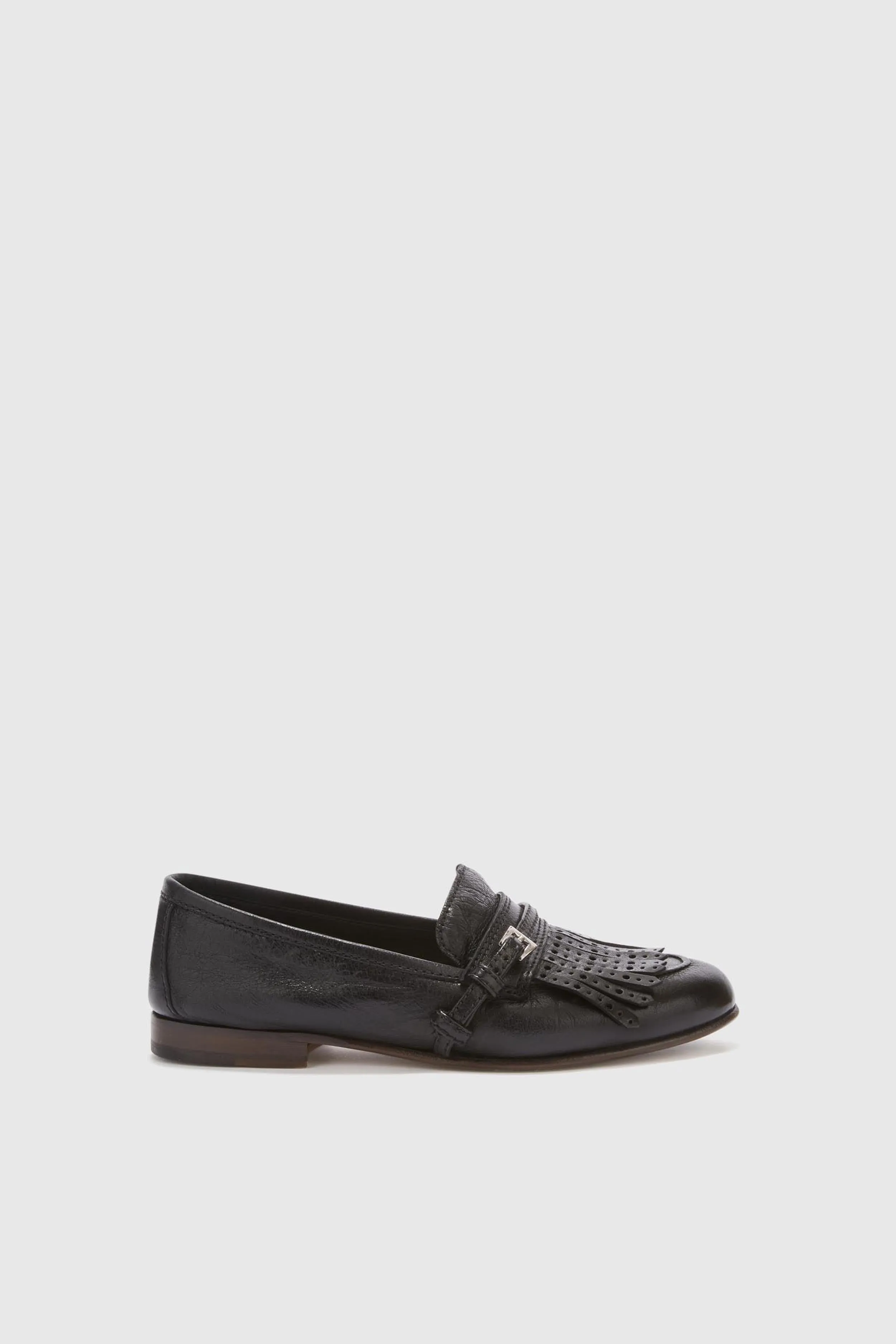 Vintage black nappa College moccasin with brogue fringes and strap sold by Ermanno Scervino