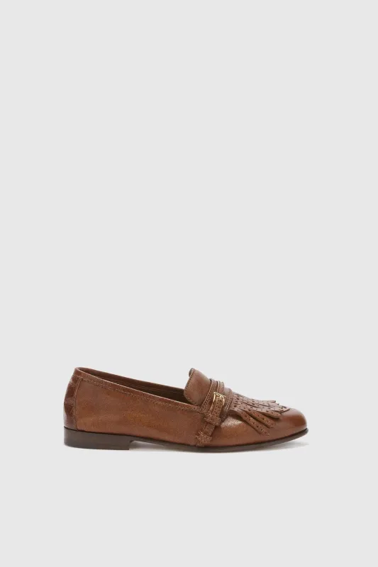 Vintage brown nappa College loafer with brogue fringes and strap sold by Ermanno Scervino