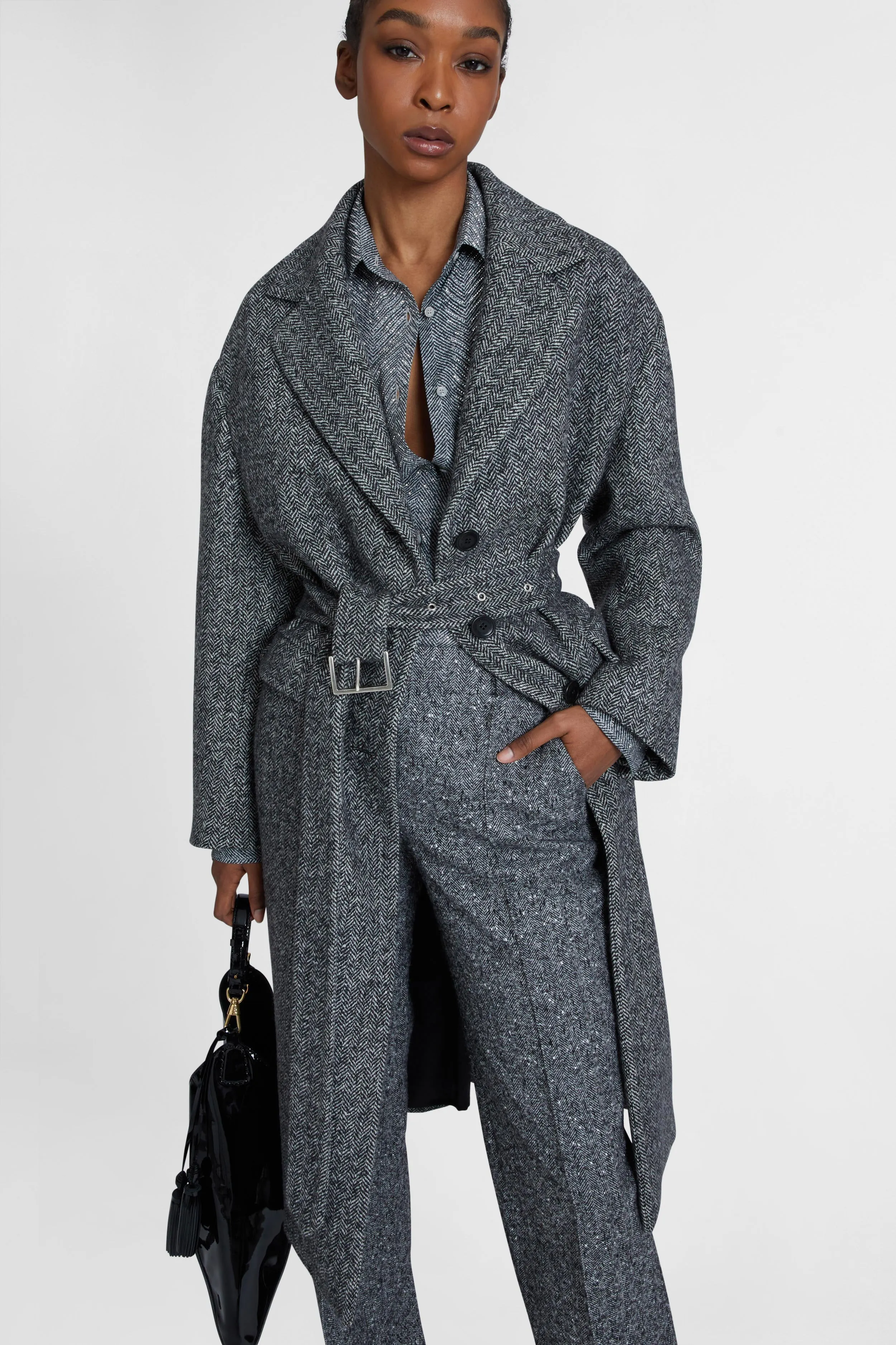 Single-breasted tailored coat with a masculine fit and belt at the waist sold by Ermanno Scervino product image thumbnail 3