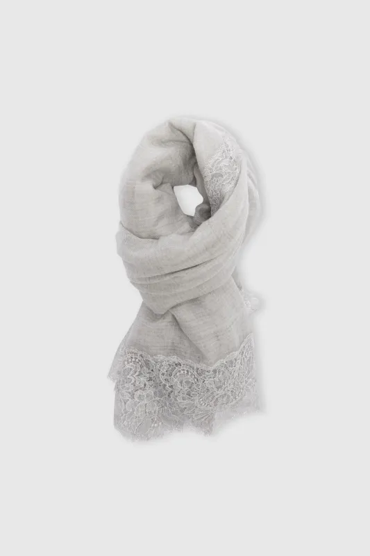 Cashmere scarf in melange grey with Chantilly lace trim made by Ermanno Scervino