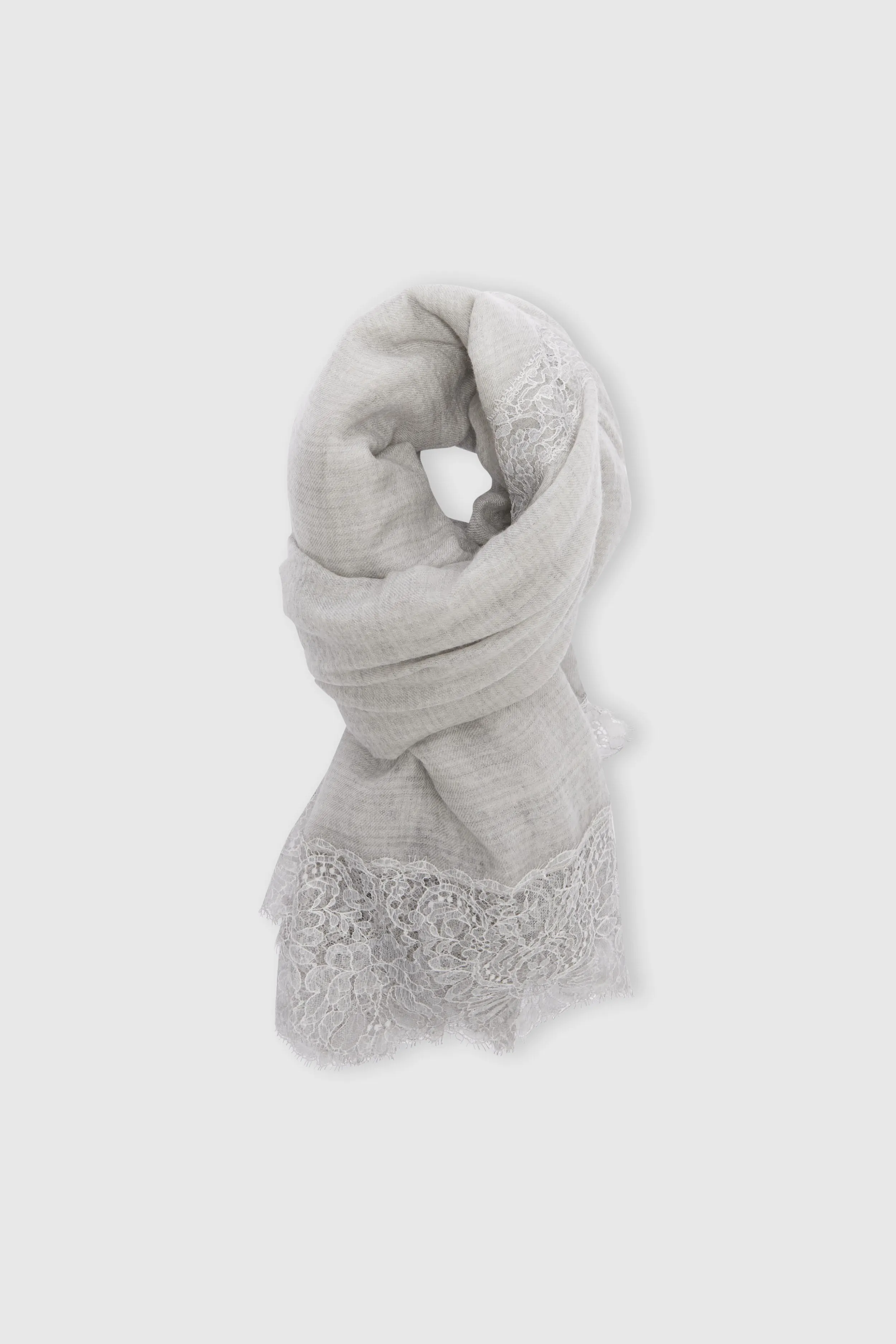 Cashmere scarf in melange grey with Chantilly lace trim sold by Ermanno Scervino