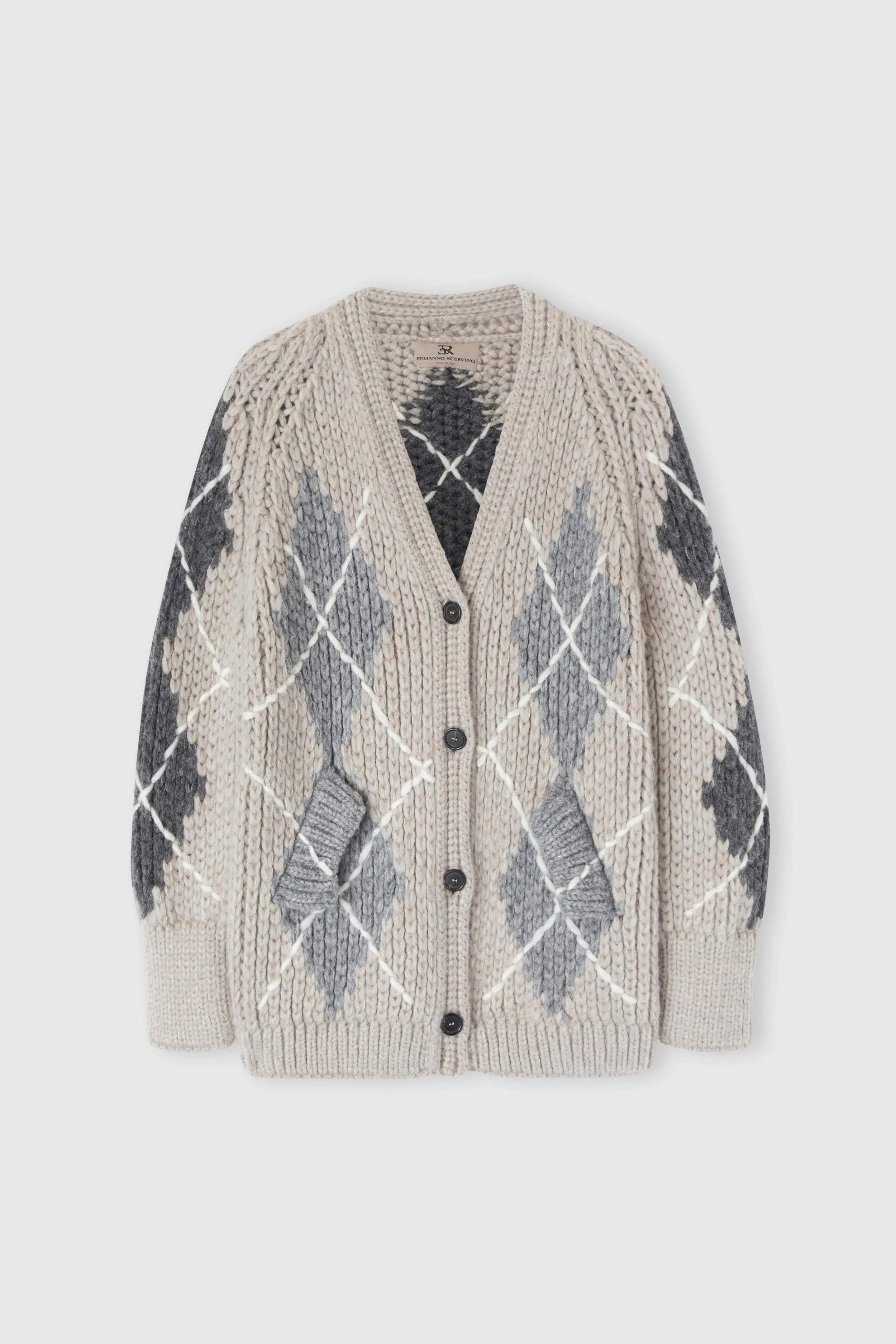 Alpaca, mohair and cashmere blend cardigan with argyle motif sold by Ermanno Scervino