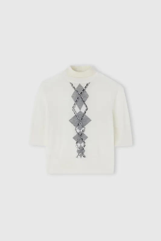 Merino wool top with argyle motif and baguette crystals sold by Ermanno Scervino