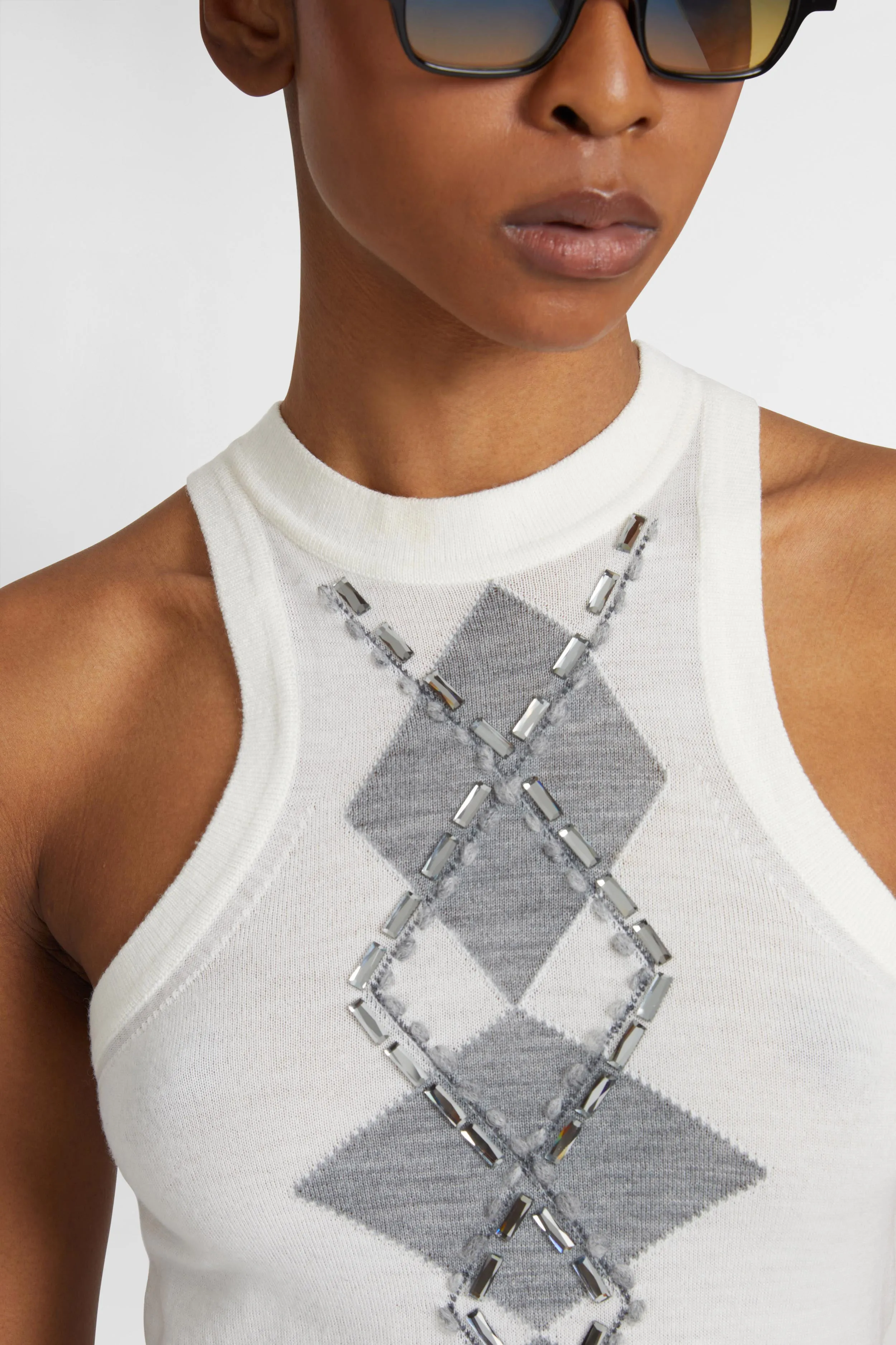 Merino wool tank top with argyle motif and baguette crystals sold by Ermanno Scervino product image thumbnail 4