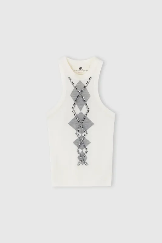 Merino wool tank top with argyle motif and baguette crystals sold by Ermanno Scervino