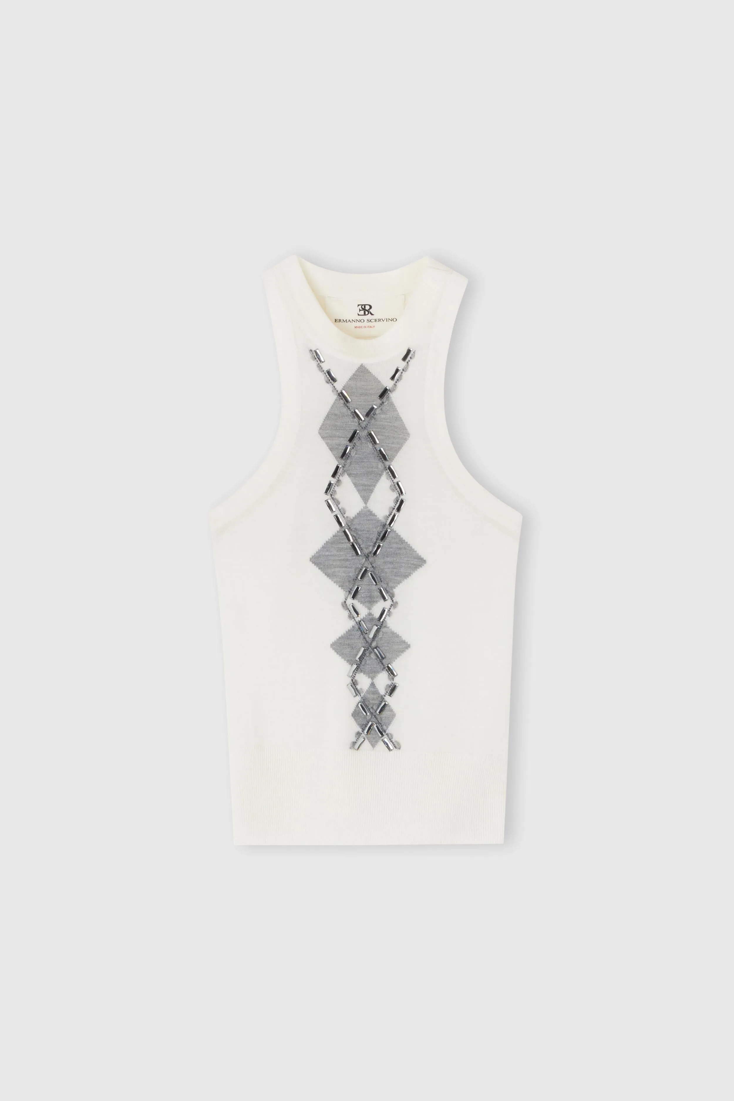 Merino wool tank top with argyle motif and baguette crystals sold by Ermanno Scervino