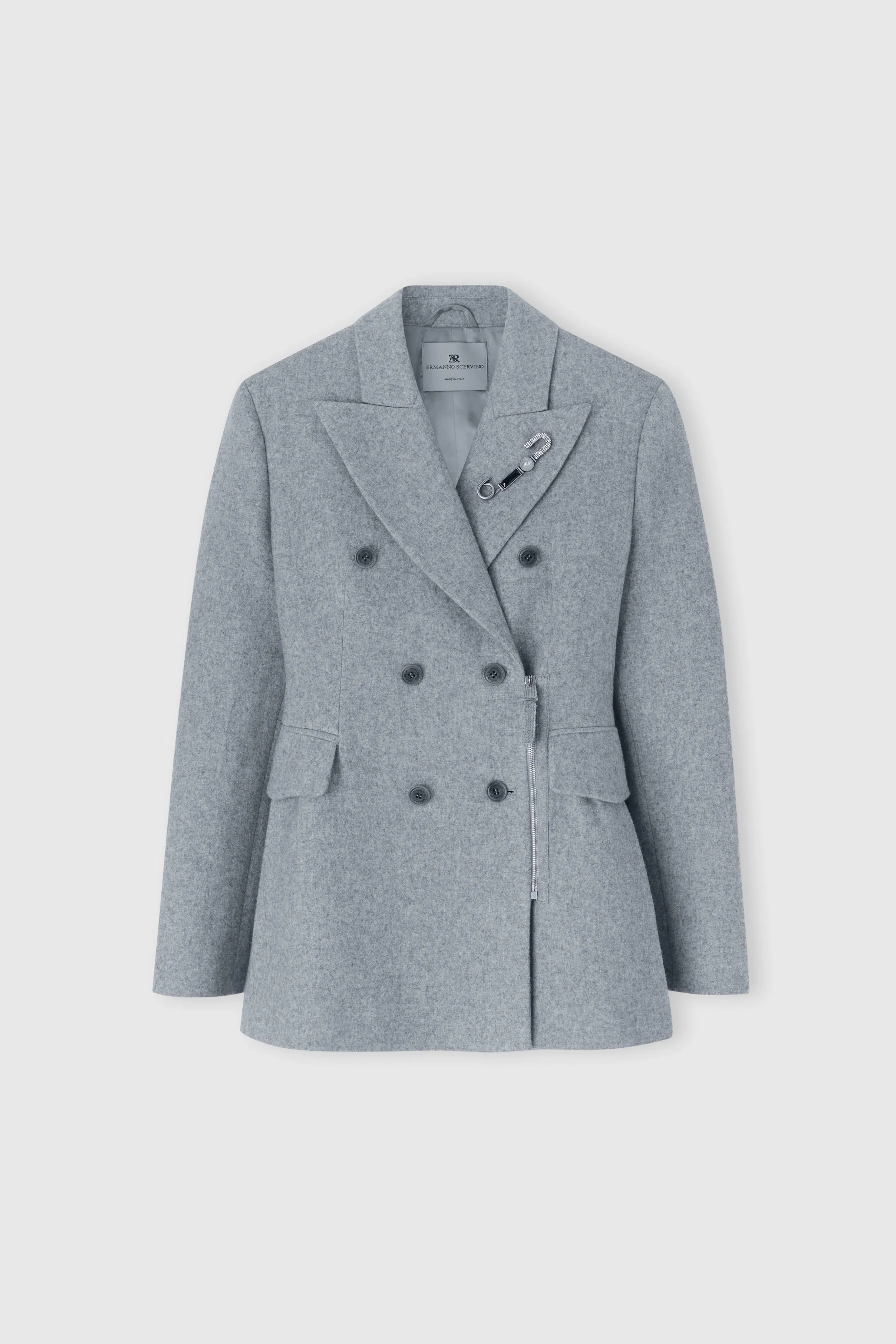Double-breasted wool blend jacket with asymmetric zip sold by Ermanno Scervino