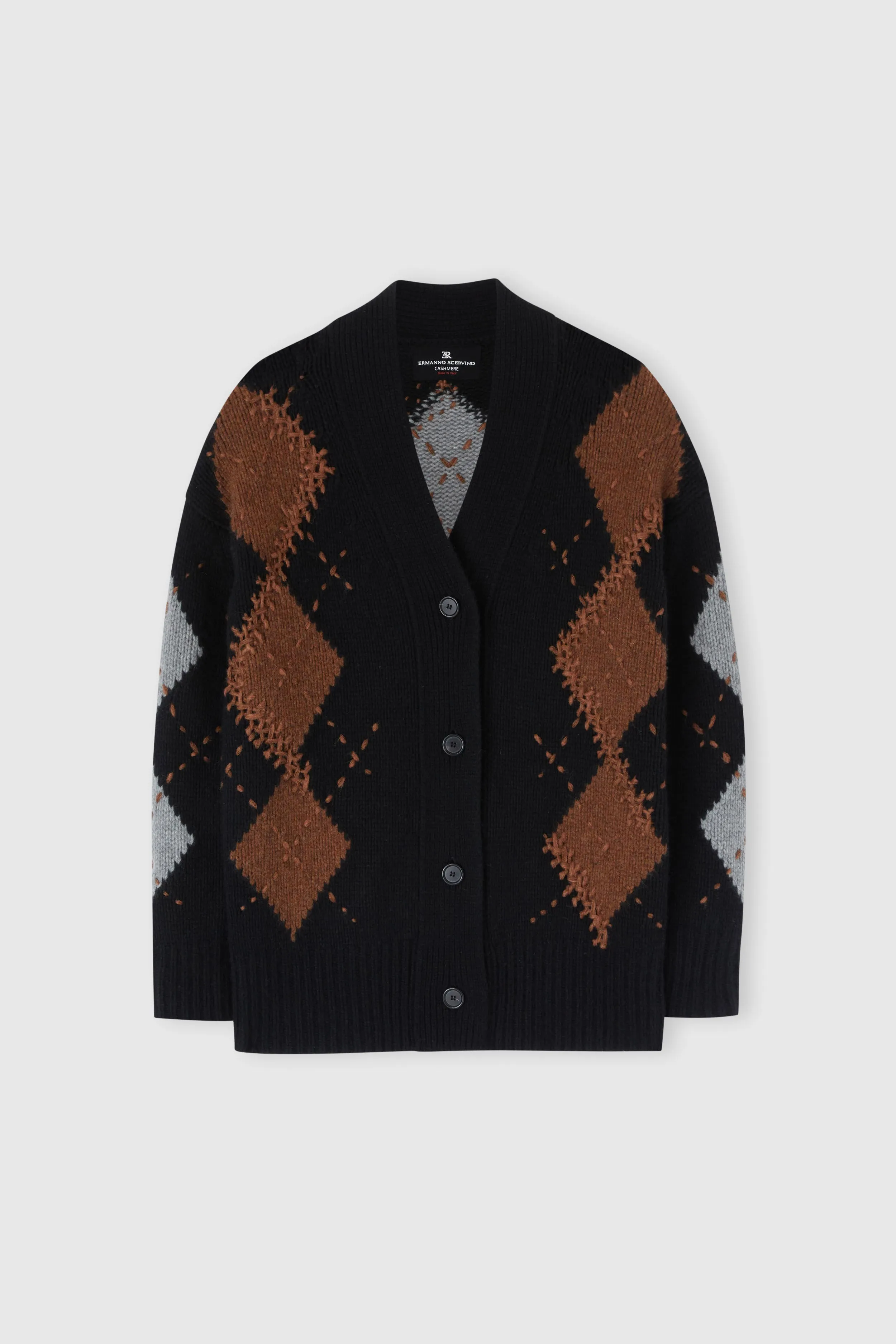 Cashmere cardigan with argyle motif in contrasting shades sold by Ermanno Scervino