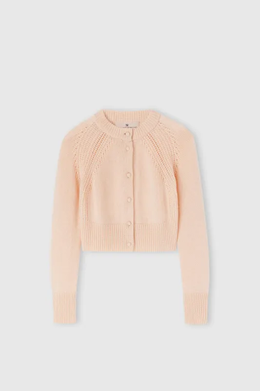 Cropped cardigan in pure cashmere with covered buttons and jour stitching made by Ermanno Scervino