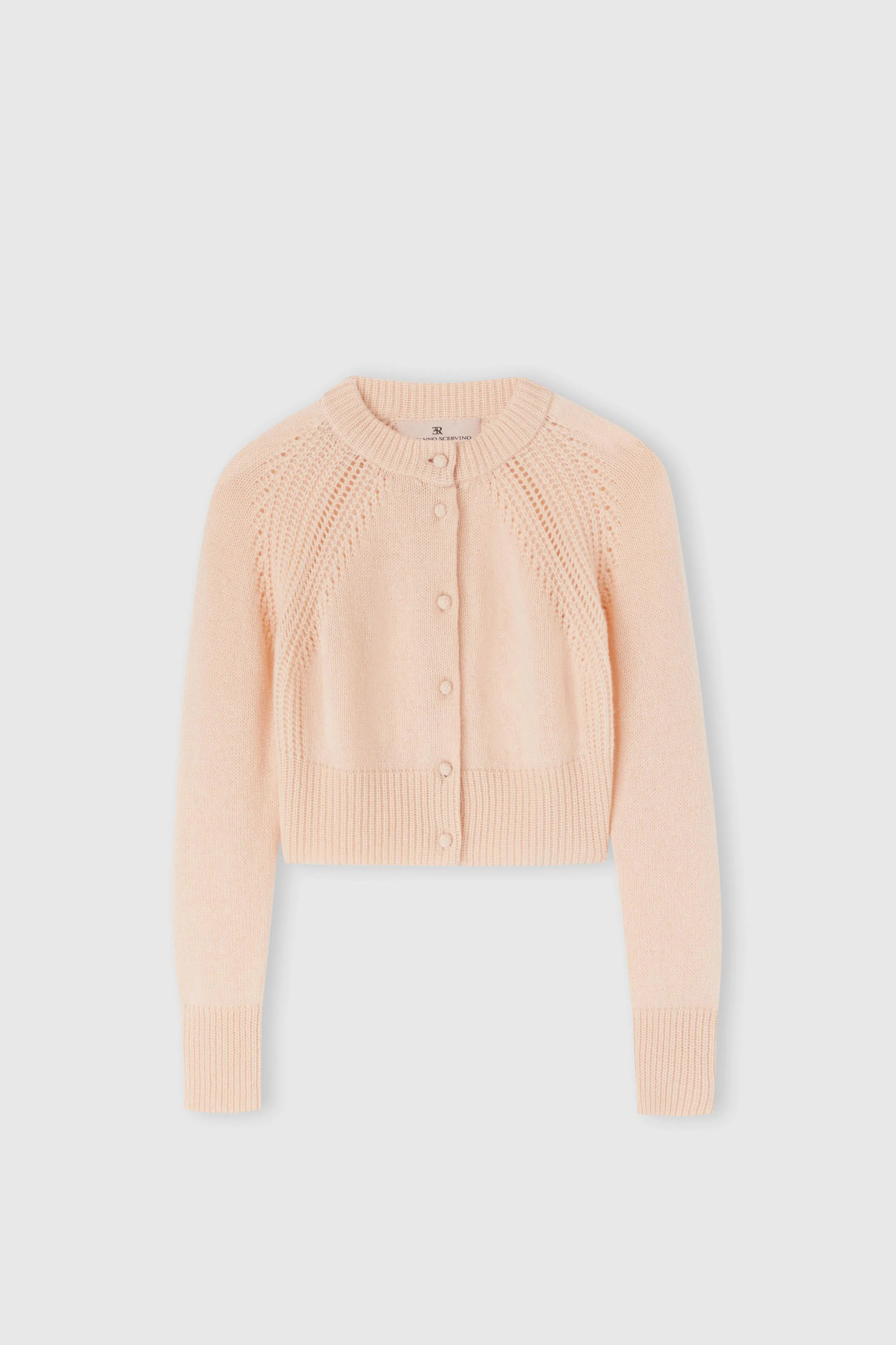 Cropped cardigan in pure cashmere with covered buttons and jour stitching sold by Ermanno Scervino