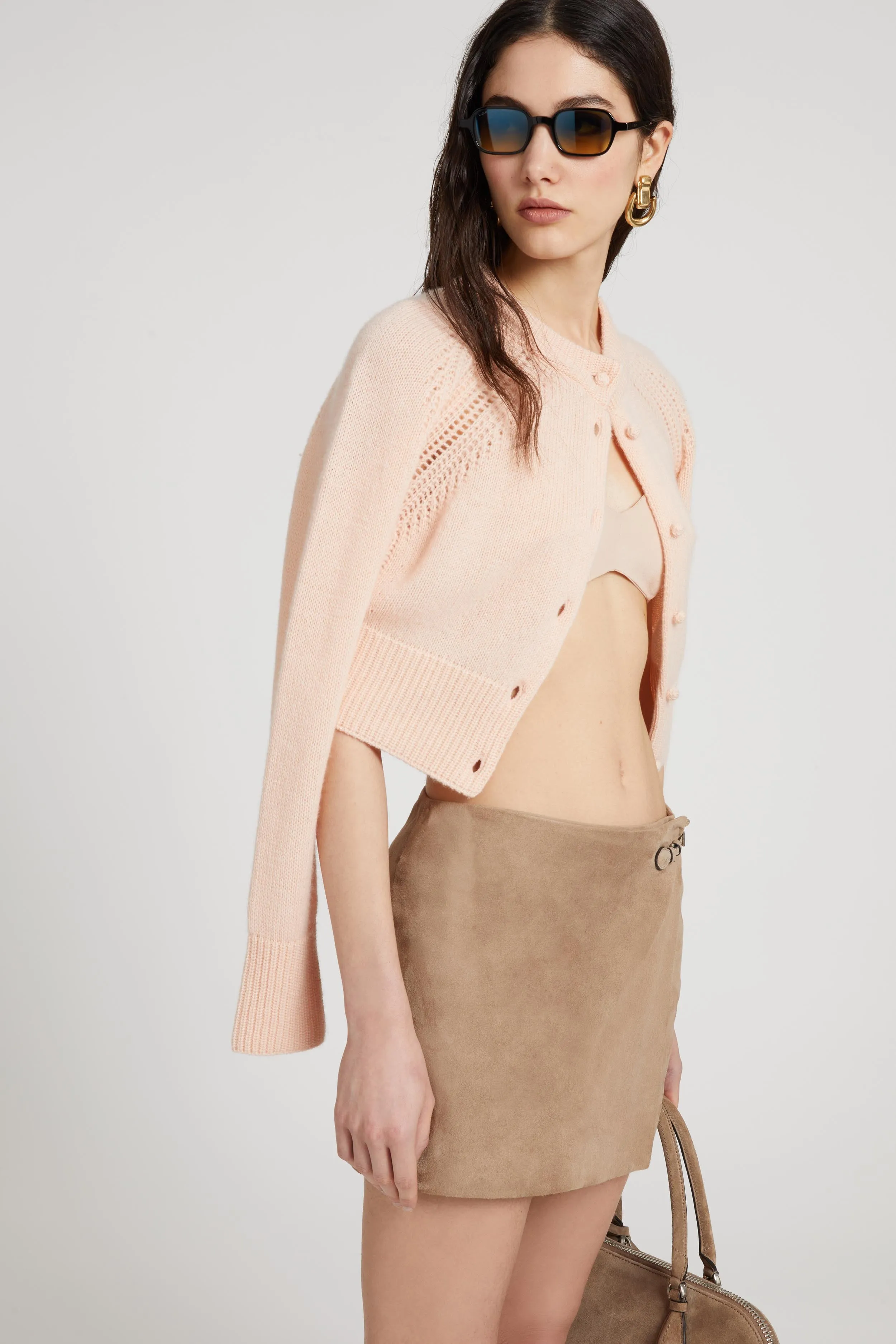 Cropped cardigan in pure cashmere with covered buttons and jour stitching sold by Ermanno Scervino product image thumbnail 2