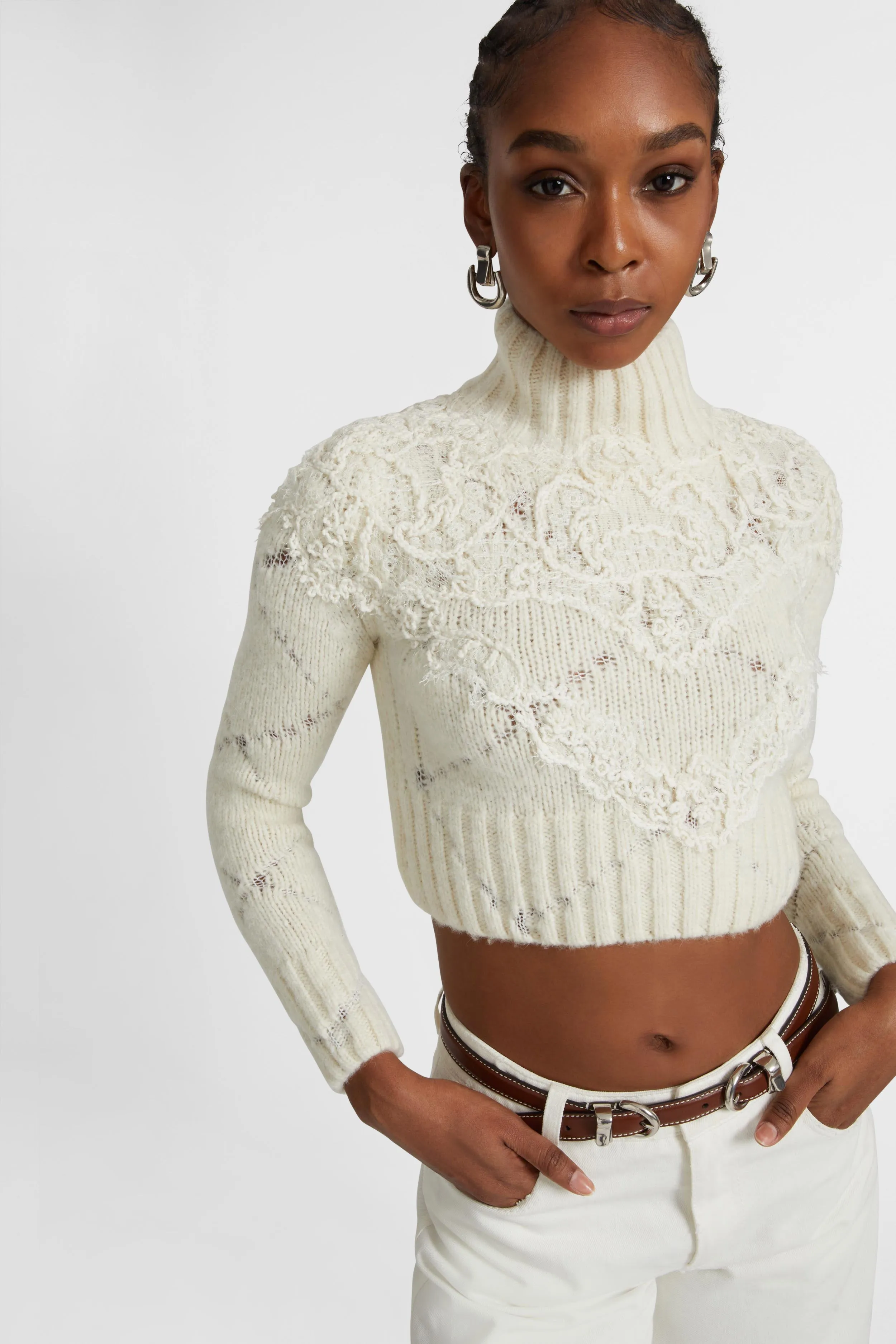 Cropped sweater in alpaca and merino wool blend with diamond pattern and rebrodè lace application sold by Ermanno Scervino product image thumbnail 2