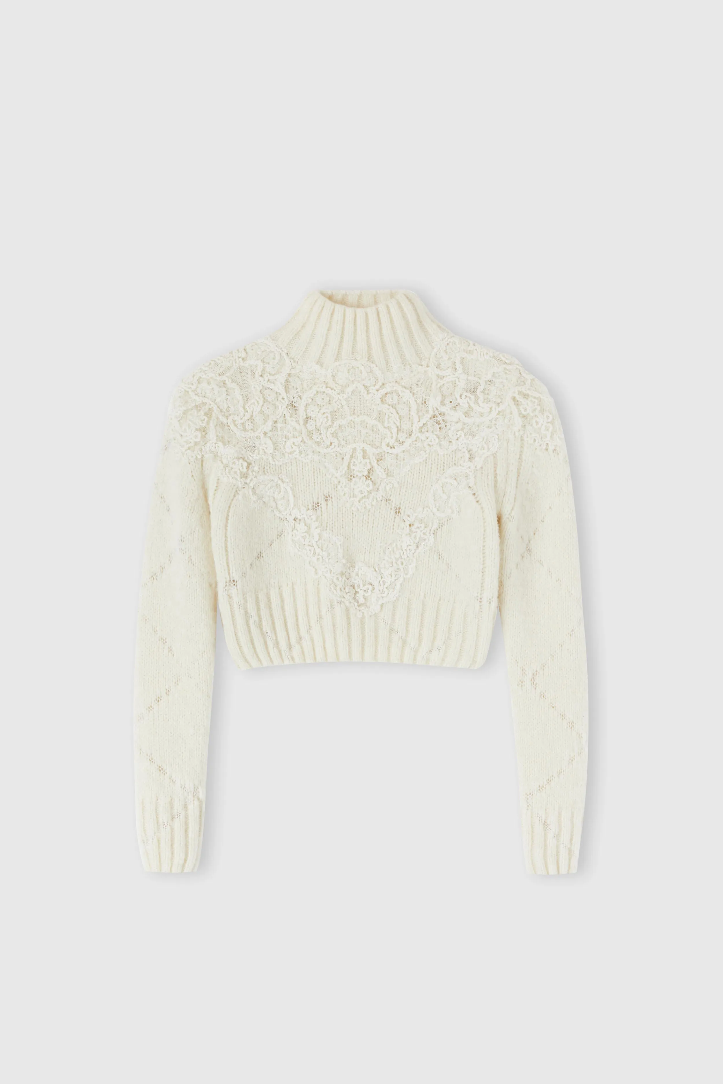 Cropped sweater in alpaca and merino wool blend with diamond pattern and rebrodè lace application sold by Ermanno Scervino