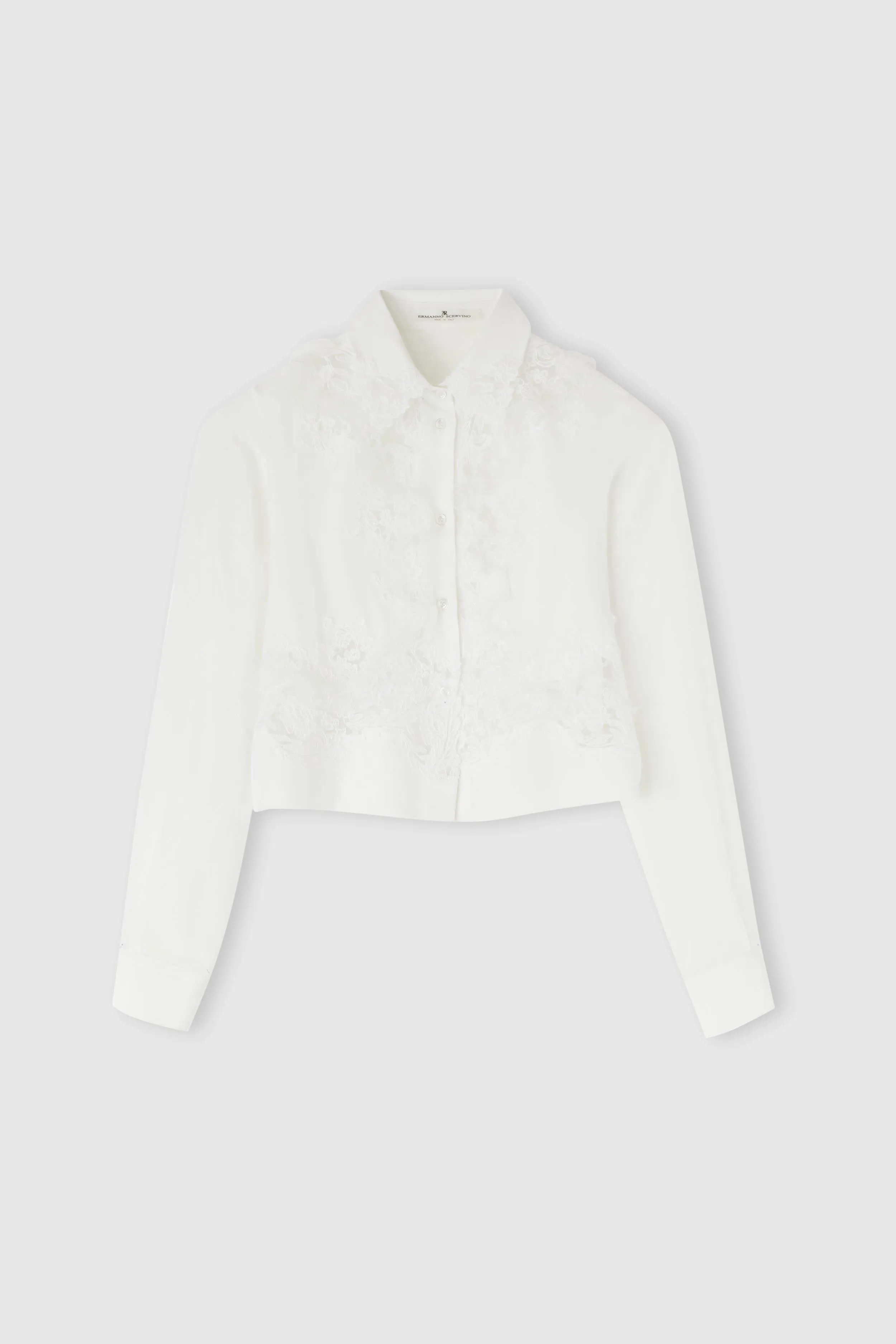Stretch silk cropped shirt with embroidered lace sold by Ermanno Scervino