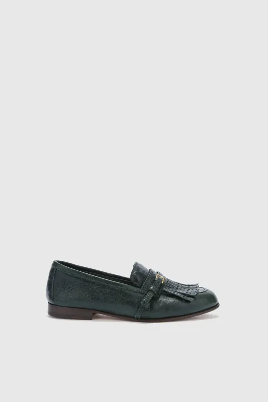 Vintage forest green nappa College loafer with brogue fringes and strap sold by Ermanno Scervino