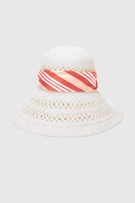 Wide-Brim Hat with Silk Scarf in White and Red Vichy Print made by Ermanno Scervino