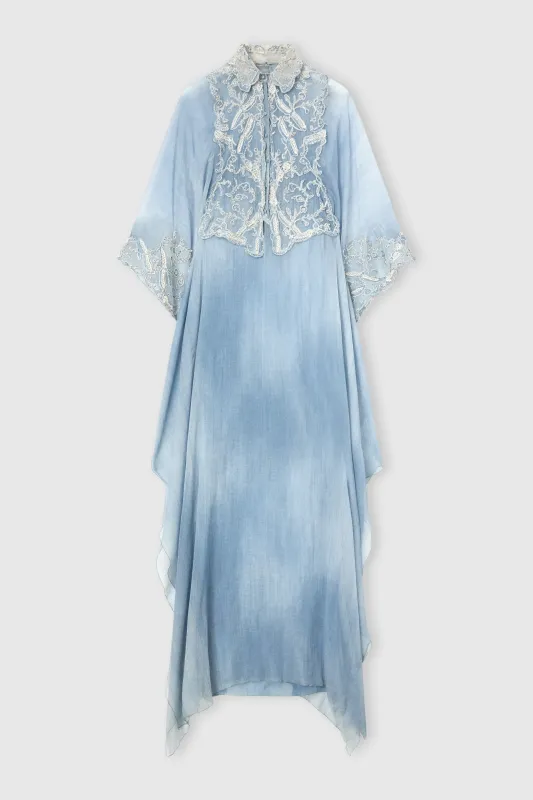Long Kaftan Dress in Silk Jeans Print with Lace Details made by Ermanno Scervino
