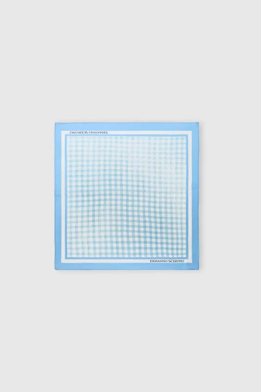Square silk stole with white and blue vichy print sold by Ermanno Scervino