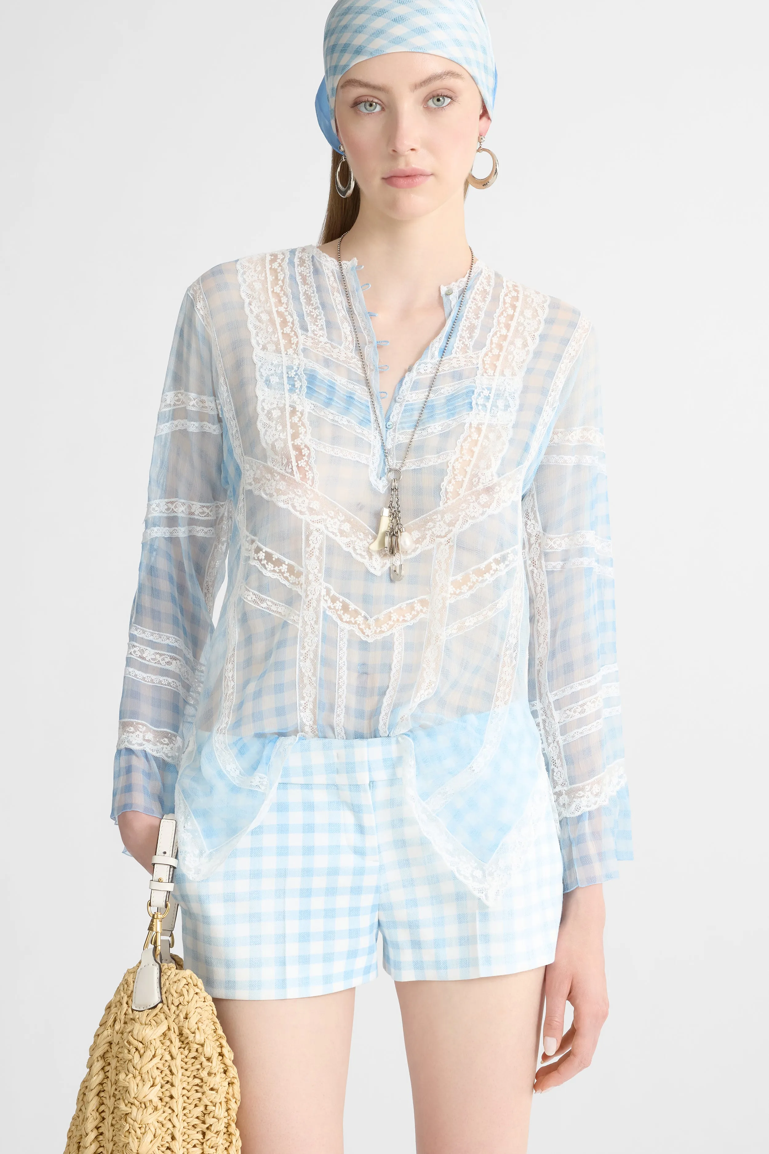 Silk Blouse with Vichy Print and Valencienne Lace sold by Ermanno Scervino product image thumbnail 3