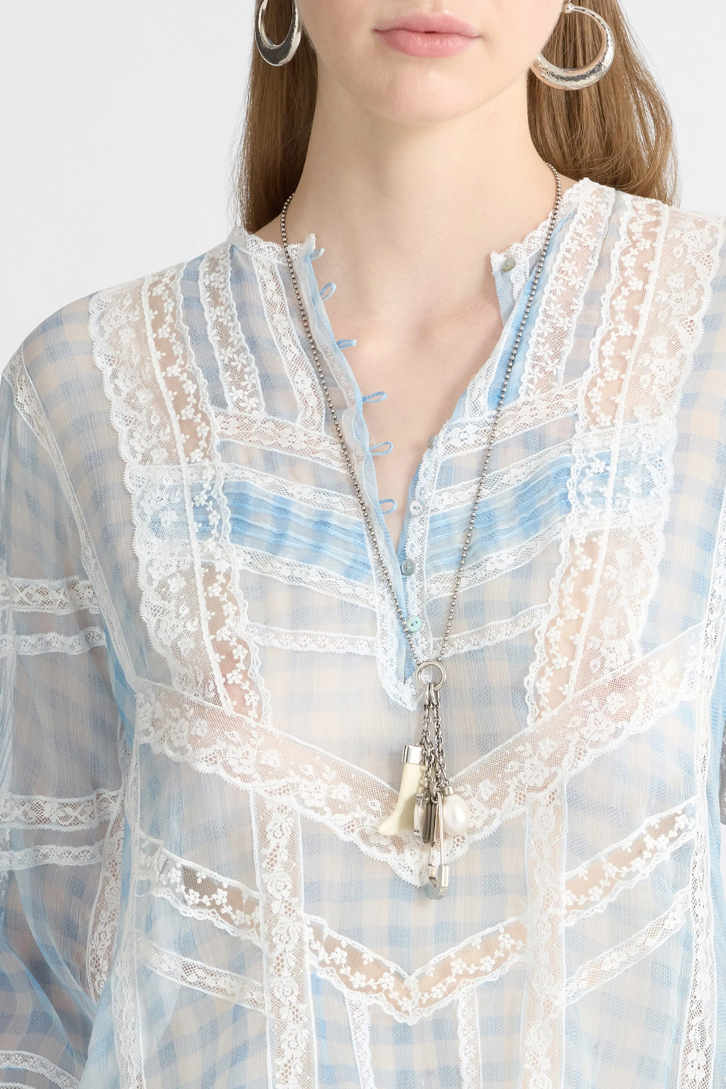 Silk Blouse with Vichy Print and Valencienne Lace sold by Ermanno Scervino product image thumbnail 4