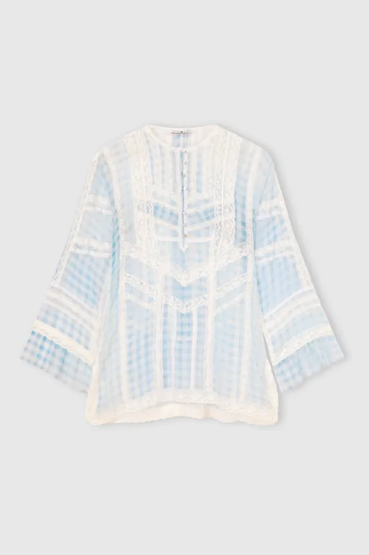 Silk Blouse with Vichy Print and Valencienne Lace made by Ermanno Scervino
