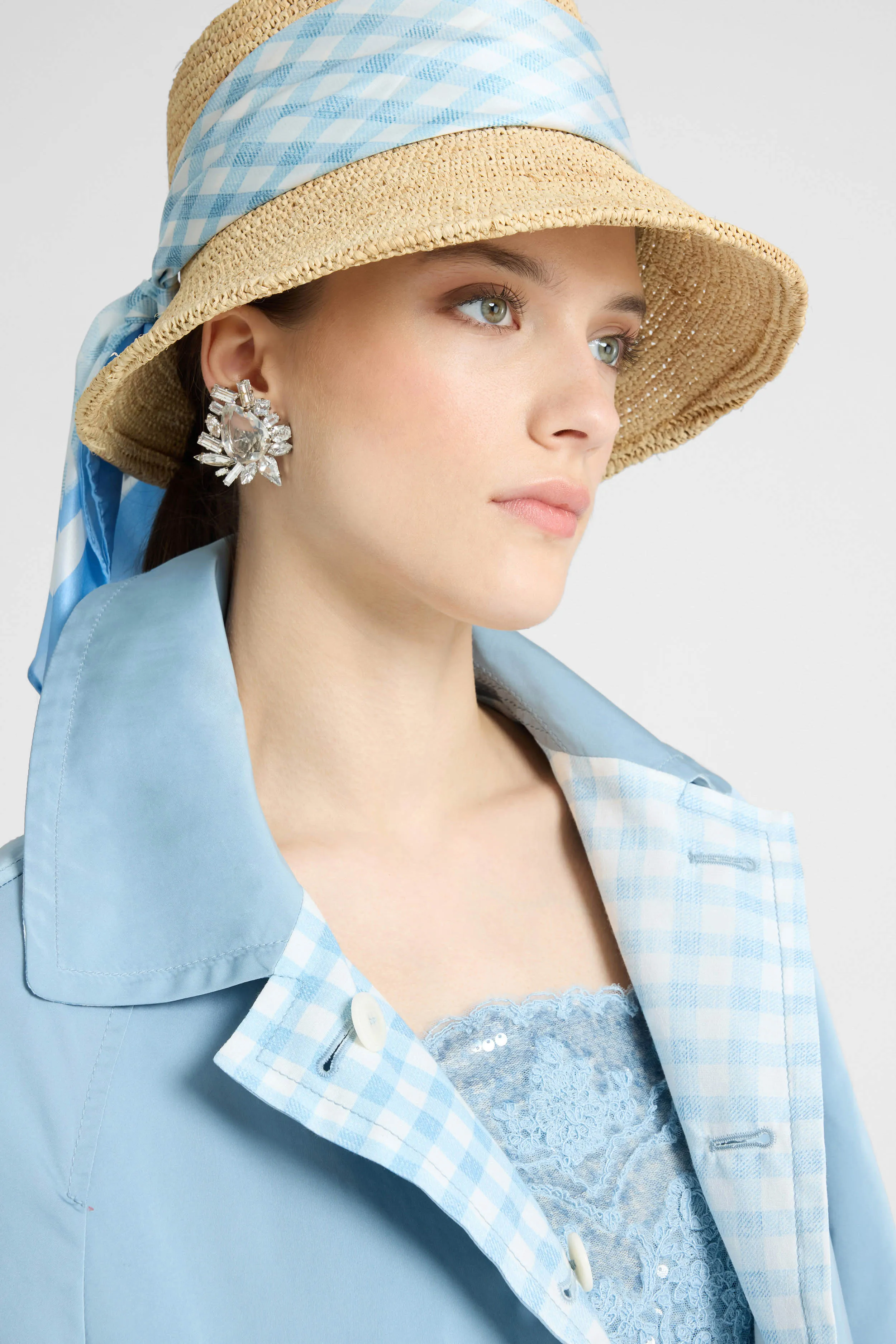 Wide-Brim Hat with Silk Scarf in White and Blue Vichy Print sold by Ermanno Scervino product image thumbnail 2