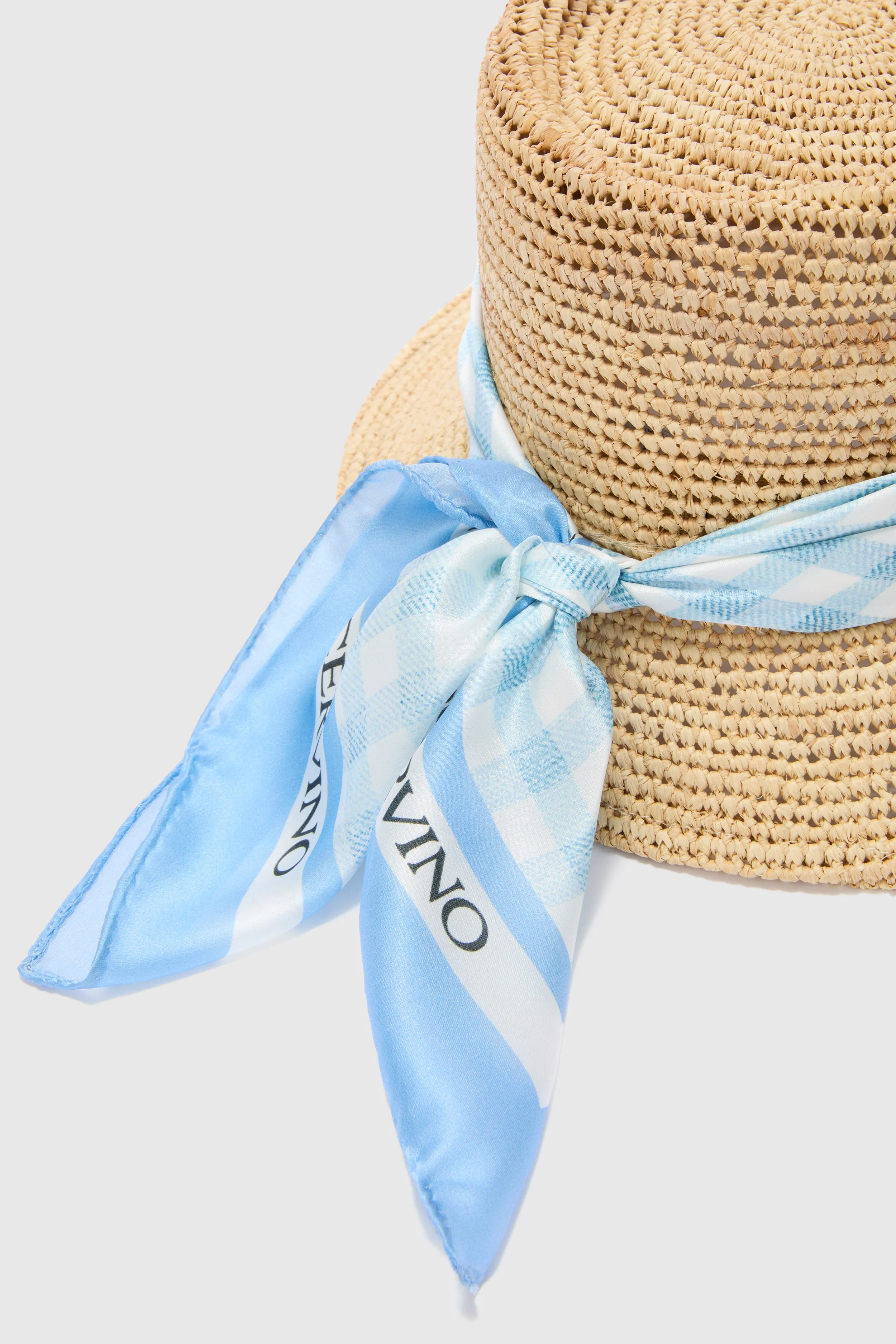 Wide-Brim Hat with Silk Scarf in White and Blue Vichy Print sold by Ermanno Scervino product image thumbnail 3