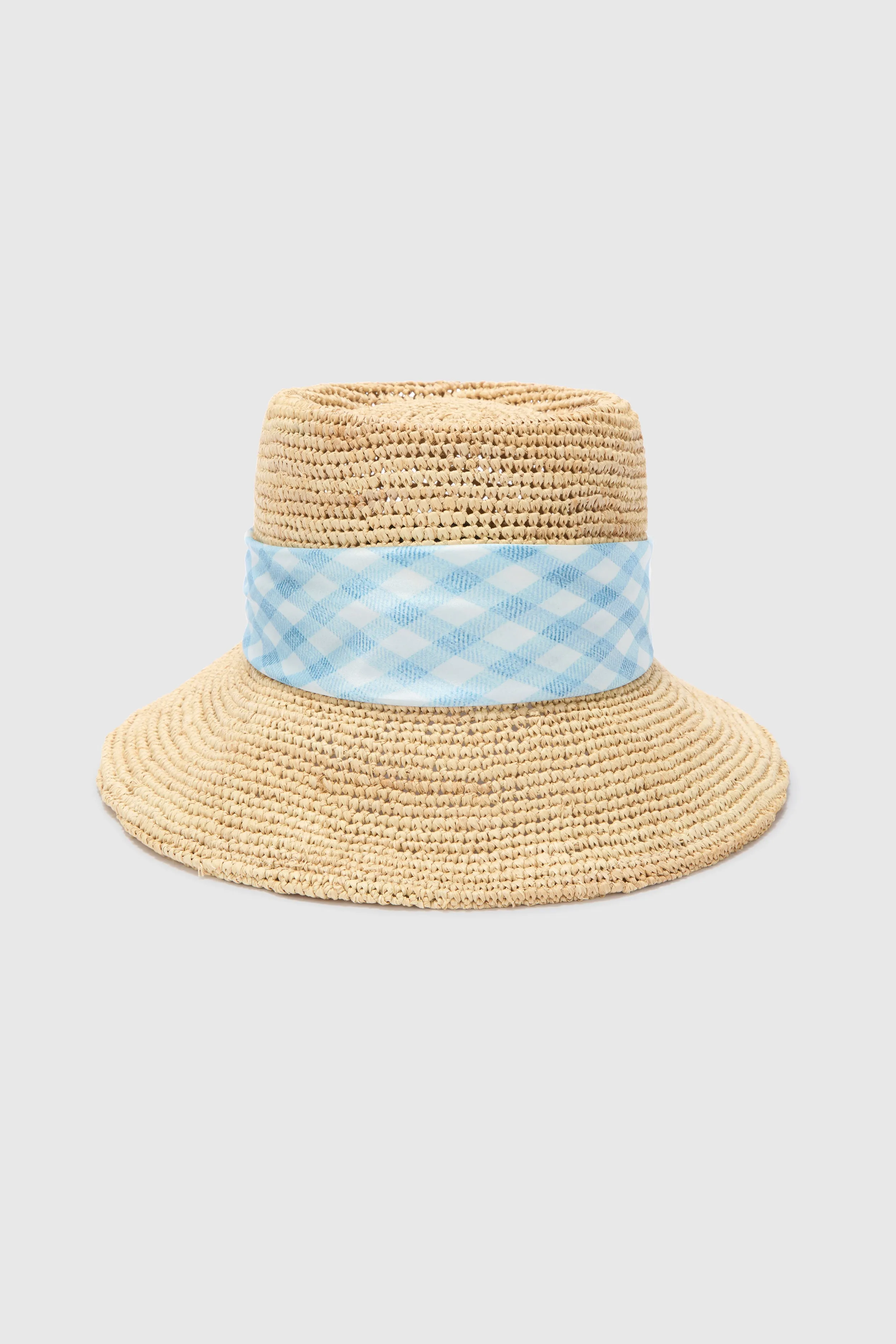 Wide-Brim Hat with Silk Scarf in White and Blue Vichy Print sold by Ermanno Scervino