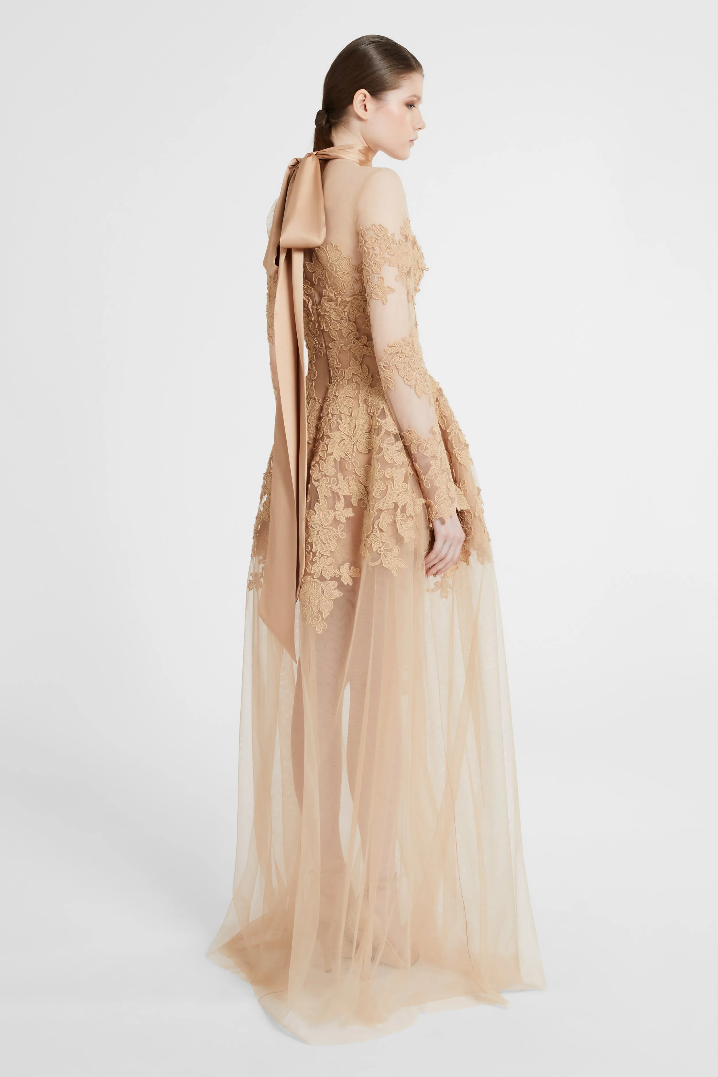 Long-sleeve dress in tulle and rebrodé lace with deep V-neck sold by Ermanno Scervino product image thumbnail 5