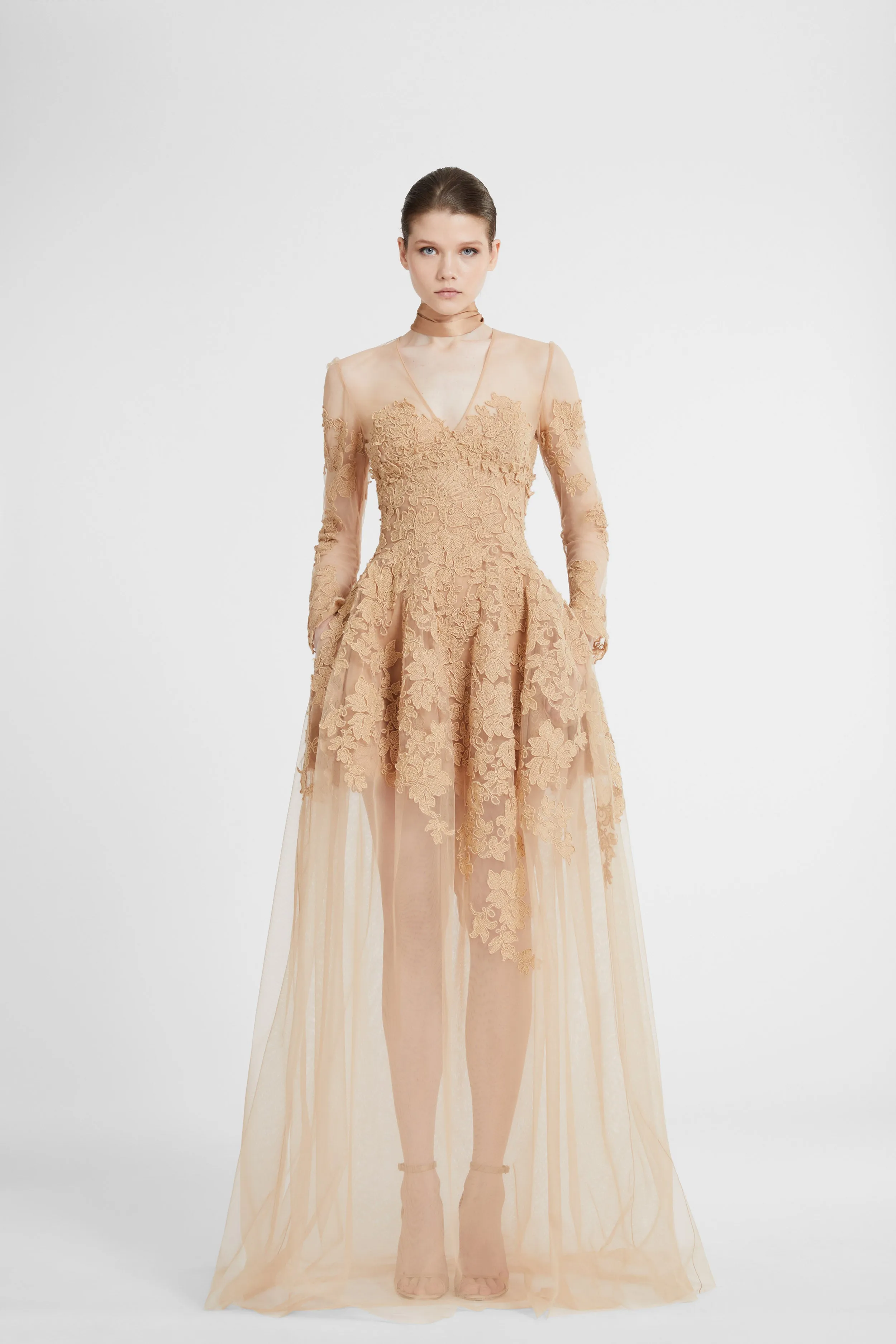 Long-sleeve dress in tulle and rebrodé lace with deep V-neck sold by Ermanno Scervino product image thumbnail 2