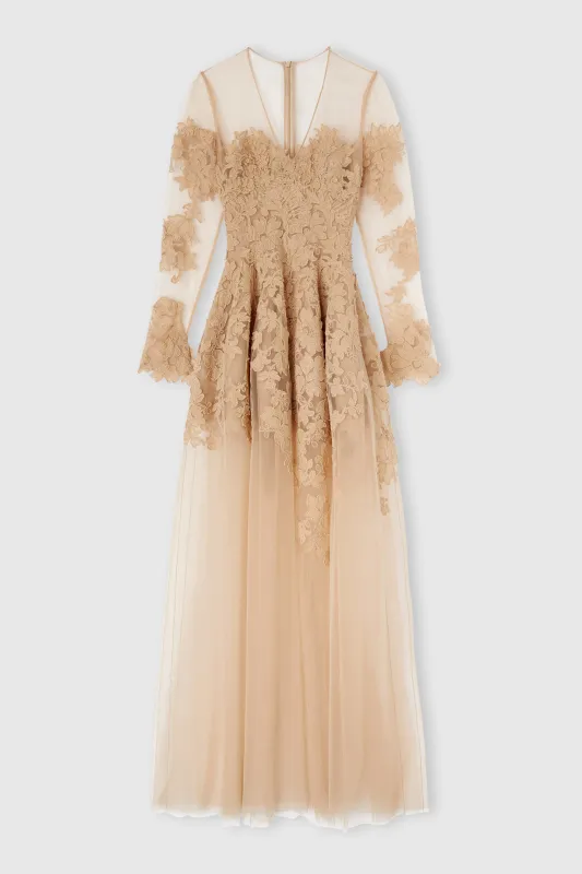 Long-sleeve dress in tulle and rebrodé lace with deep V-neck sold by Ermanno Scervino