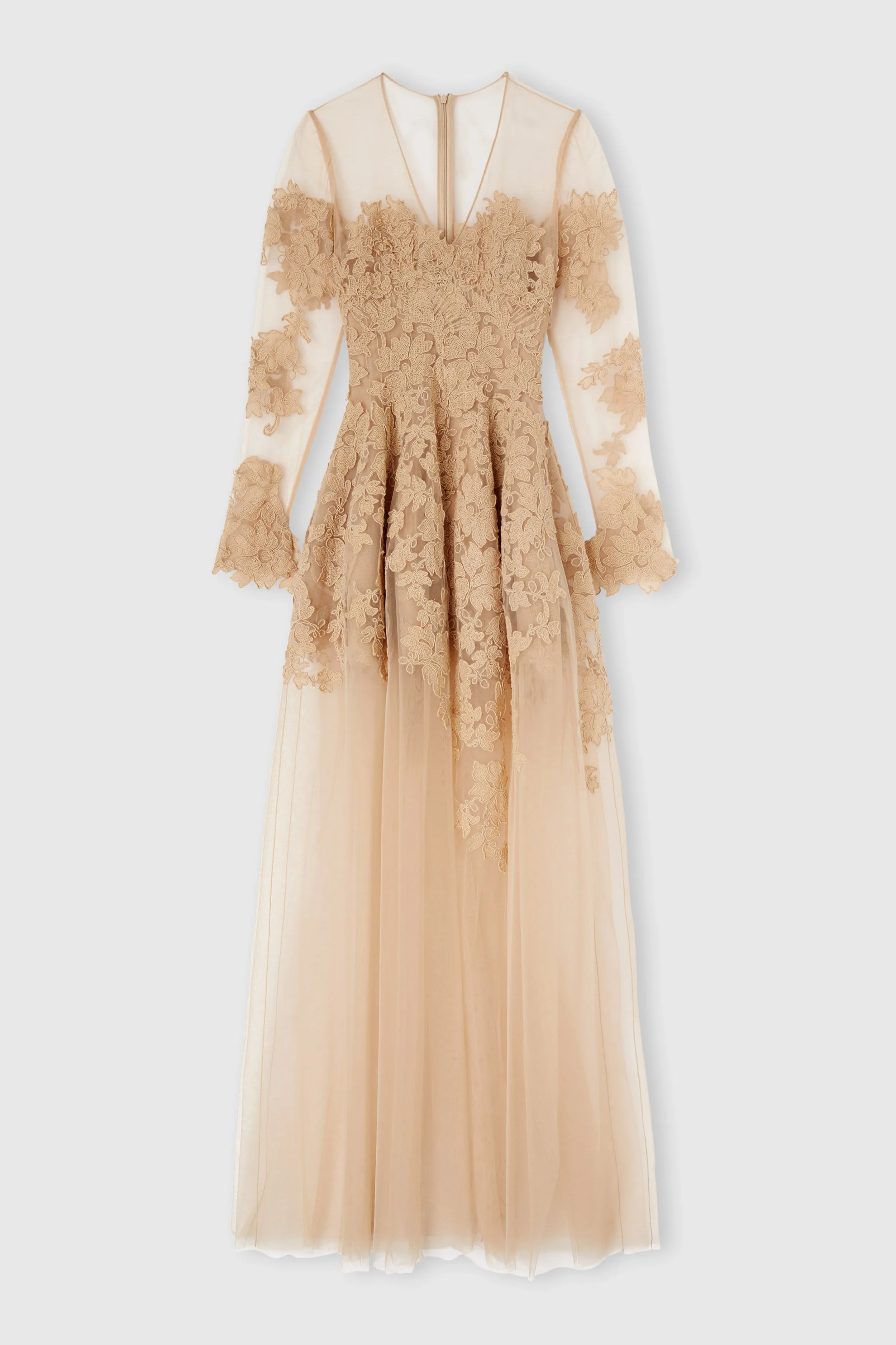 Long-sleeve dress in tulle and rebrodé lace with deep V-neck sold by Ermanno Scervino