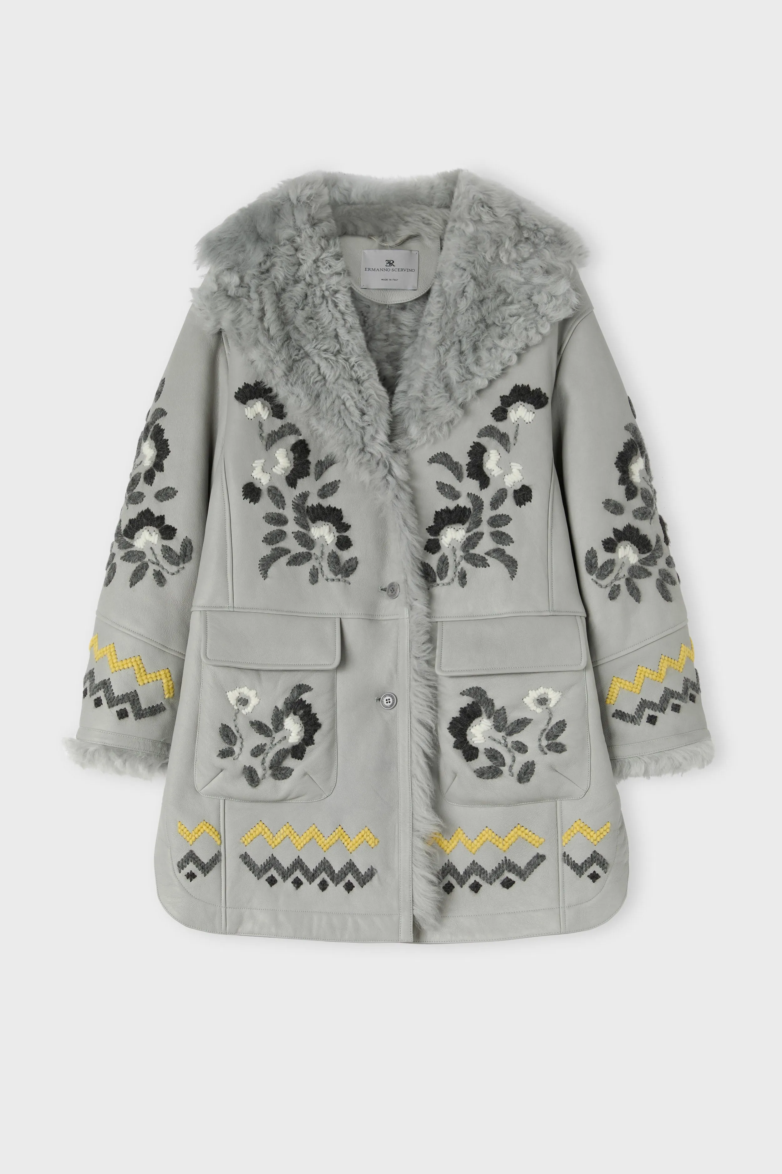 Shearling coat in genuine sheepskin with hand embroidery sold by Ermanno Scervino