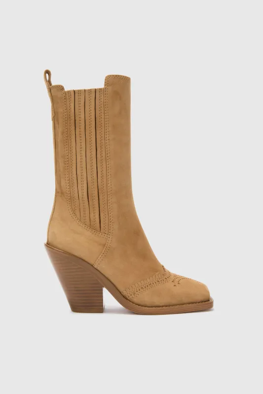 Elasticated suede western ankle boot with brogue details made by Ermanno Scervino