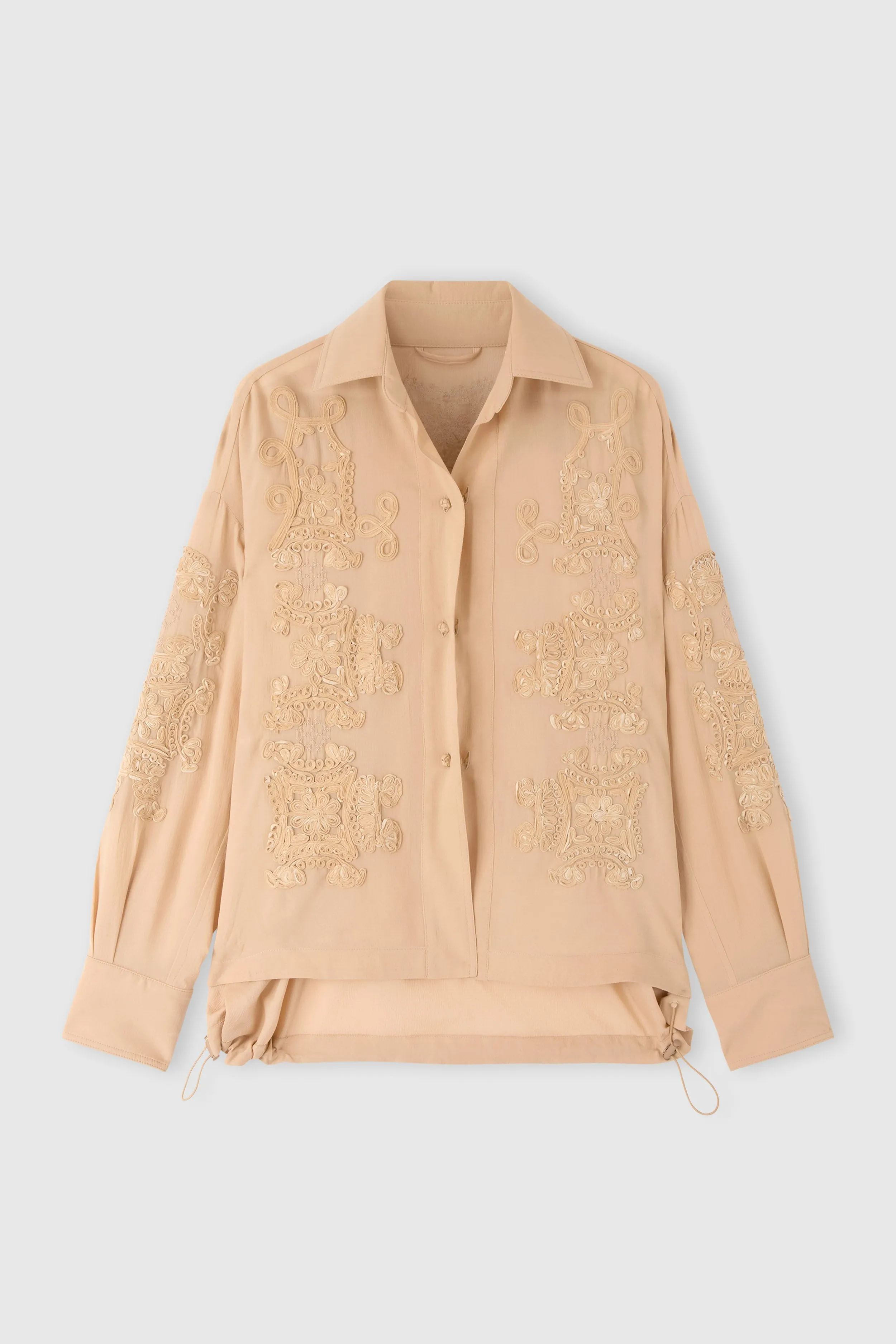Shirt jacket in georgette bonded with chiffon with “maiolica” embroidery sold by Ermanno Scervino