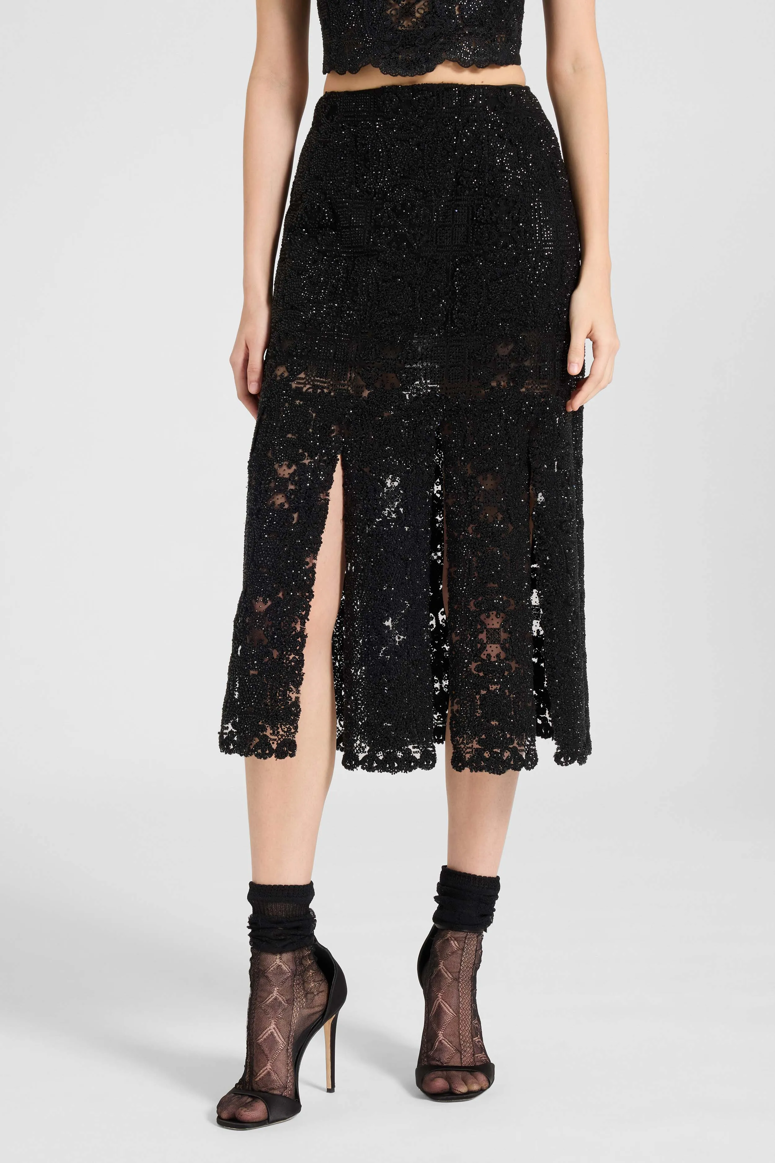 Midi skirt with slits in maiolica lace and crystals sold by Ermanno Scervino product image thumbnail 3